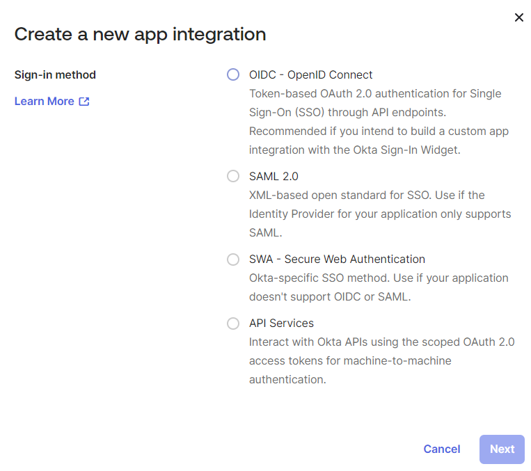 Dialog box for selecting app integration sign-in method in Okta: OIDC OpenID Connect, SAML 2.0, SWA Secure Web Authentication, API Services. OIDC OpenID Connect is selected. Includes Learn More link, Cancel, and Next buttons.