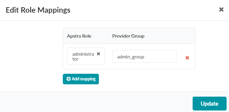 Edit Role Mappings interface with table showing Apstra Role administrator and Provider Group admin_group, plus buttons to add mapping, update, and close.