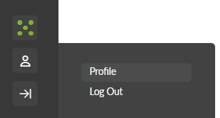 User interface sidebar with icons for dashboard four green dots, profile person silhouette, and logout right arrow. Dropdown menu: Profile, Log Out.