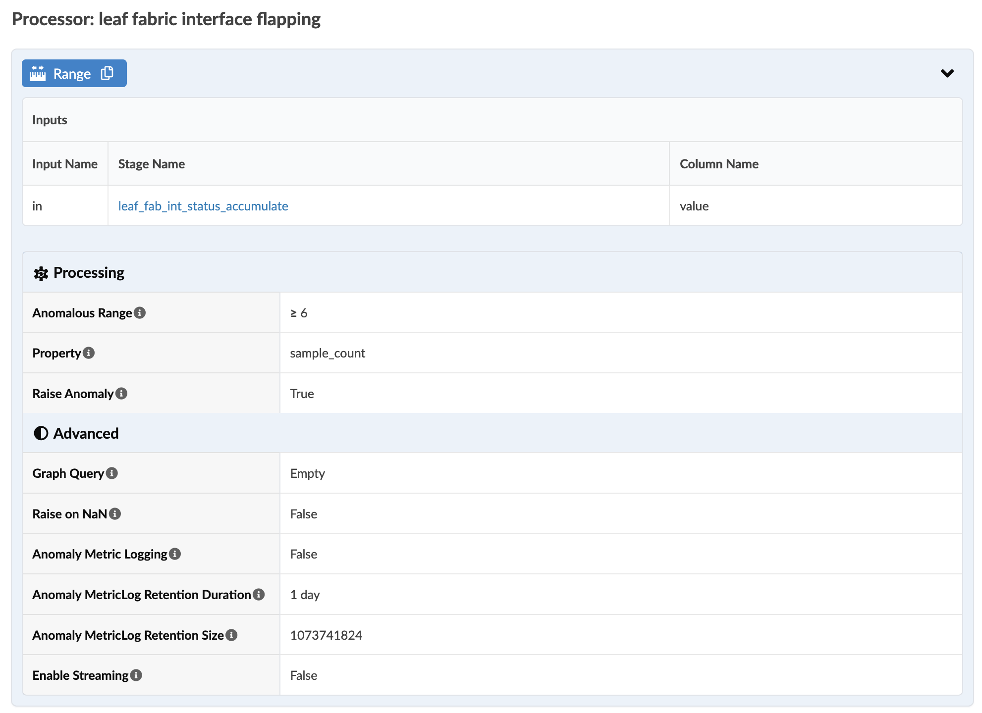 Configuration interface for processor leaf fabric interface flapping with inputs, processing, and advanced settings for anomaly detection.
