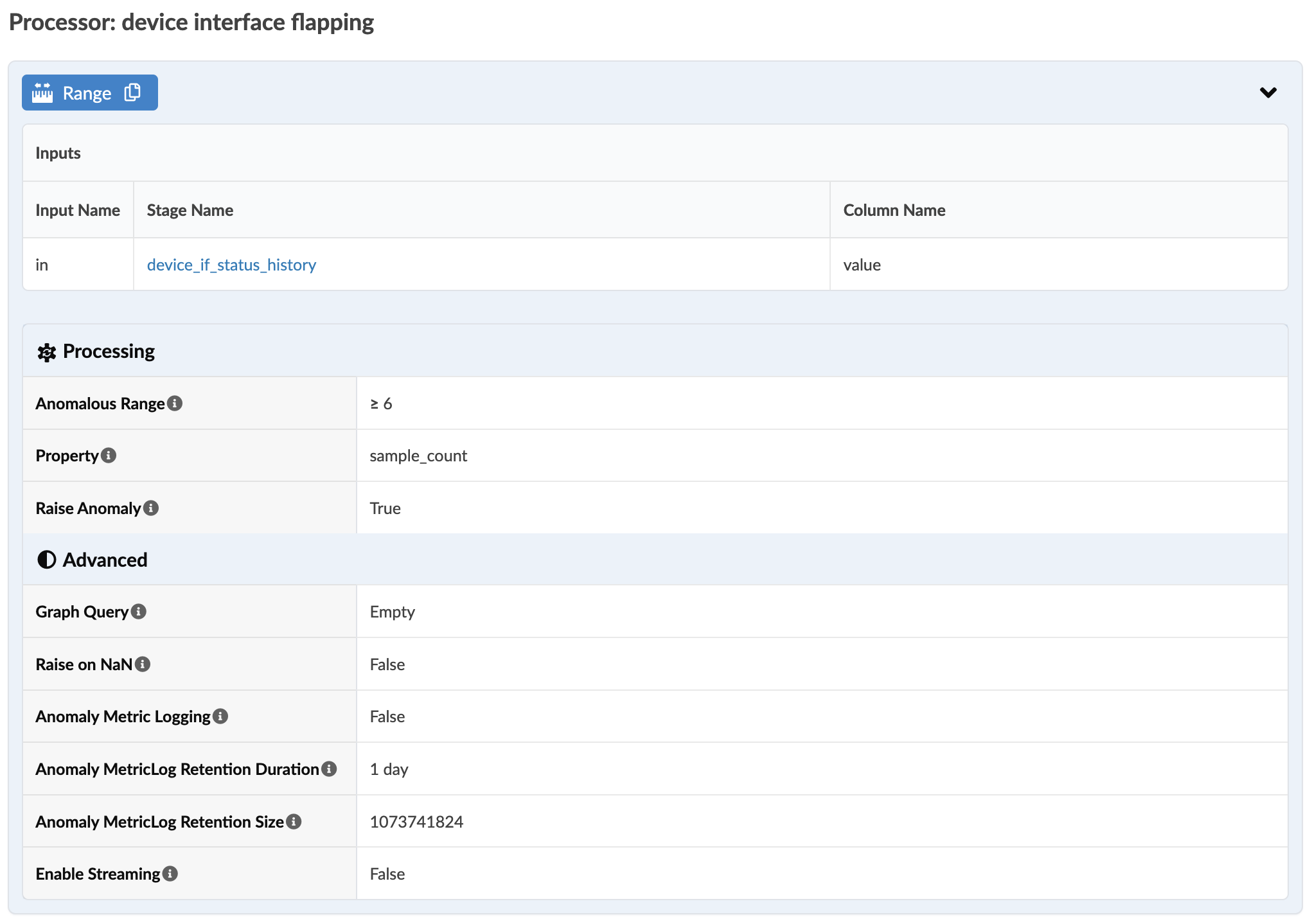 Configuration interface for processor named device interface flapping in a monitoring system. Shows sections for range, processing, and advanced settings.