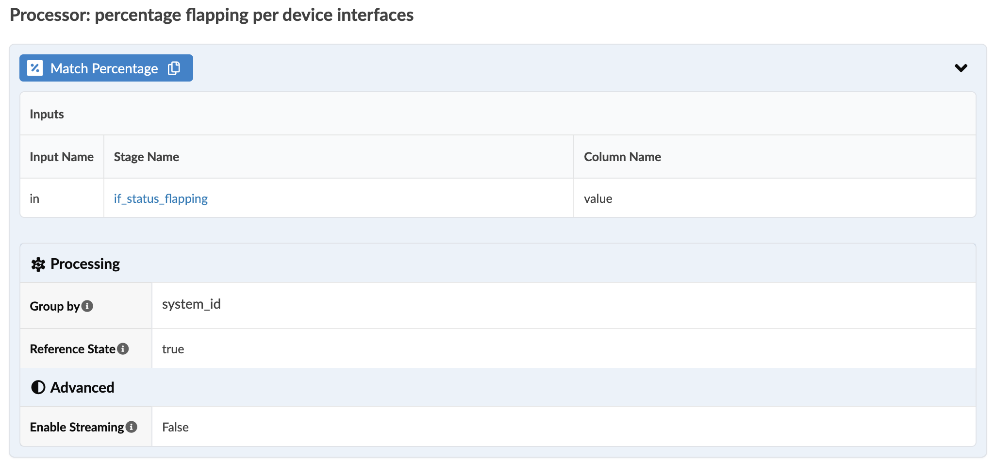 Configuration interface showing percentage flapping per device interfaces processor, with inputs for in, if_status_flapping, value, grouped by system_id, reference state true, and streaming disabled.