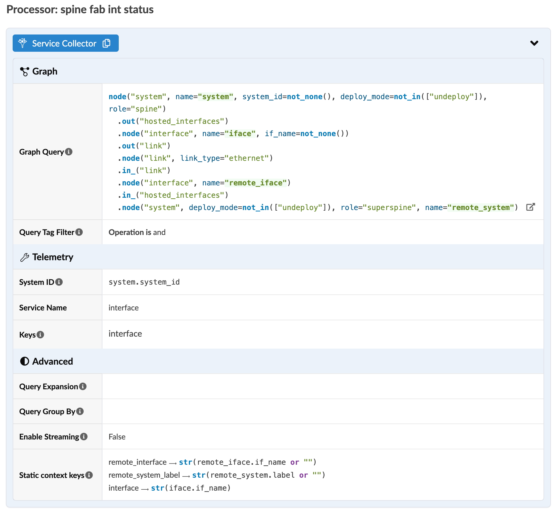 Configuration interface for querying spine fabric interface status in a network tool. Key components: processor "spine fab int status", graph query with system nodes, telemetry data collection, and advanced options like query expansion.