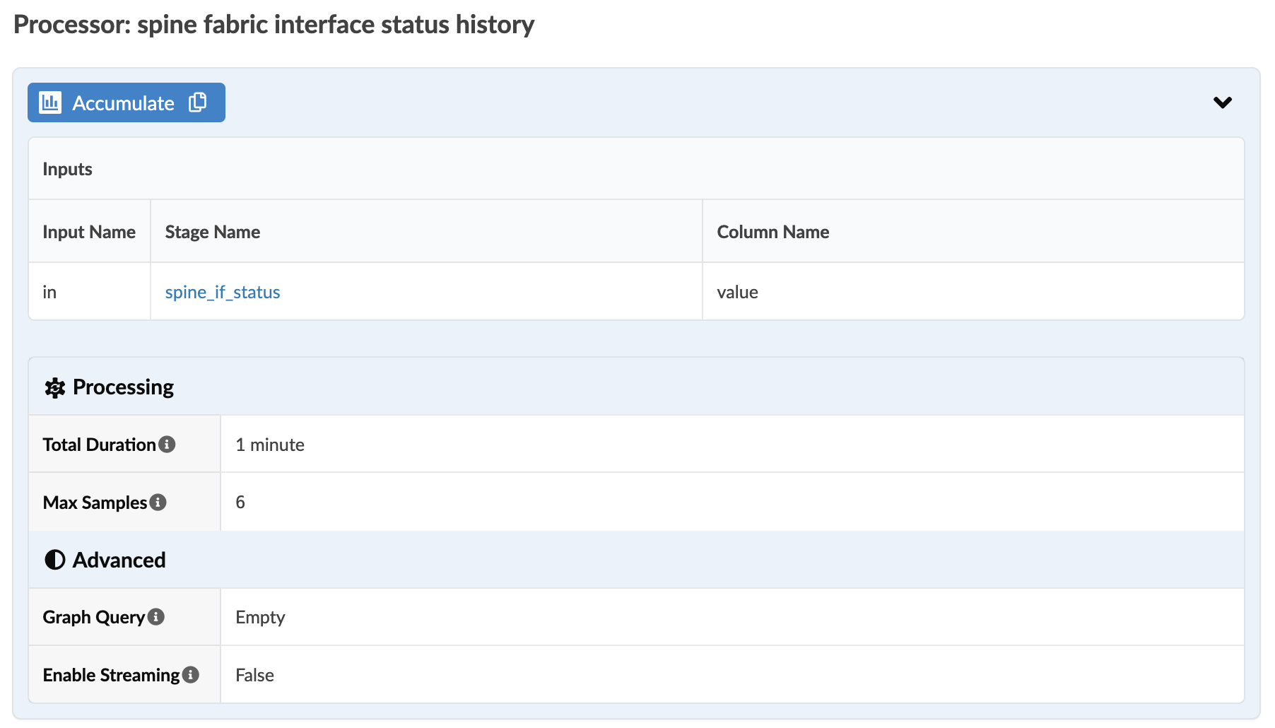 Configuration interface for processor spine fabric interface status history with inputs: input name in, stage name spine_if_status, column name value; processing details: total duration 1 minute, max samples 6; advanced settings: graph query empty, enable streaming false.