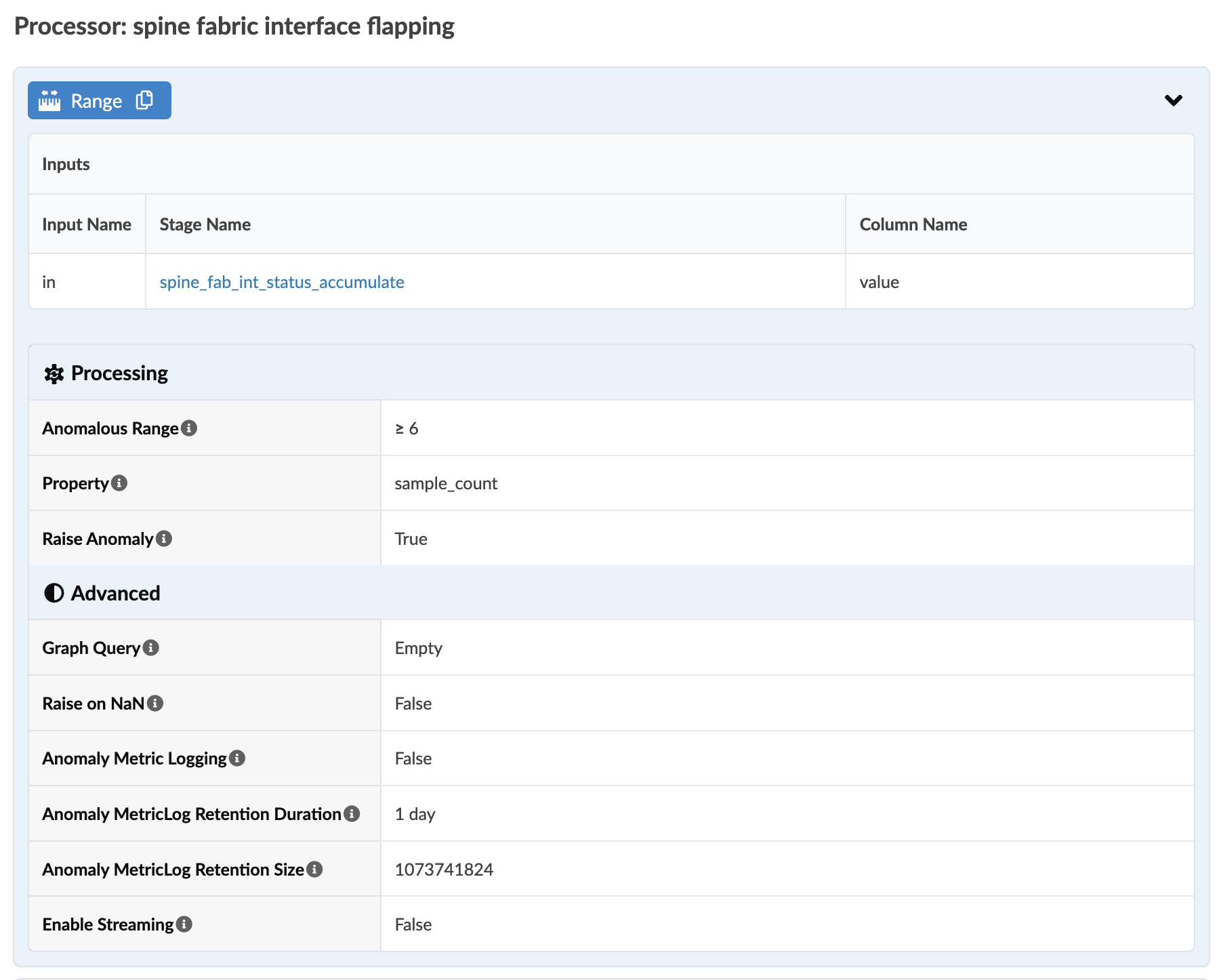 Configuration interface for monitoring spine fabric interface flapping. Highlights input source spine_fab_int_status_accumulate, anomalous range ≥ 6 for sample_count, and anomaly settings including metric logging retention of 1 day and streaming disabled.