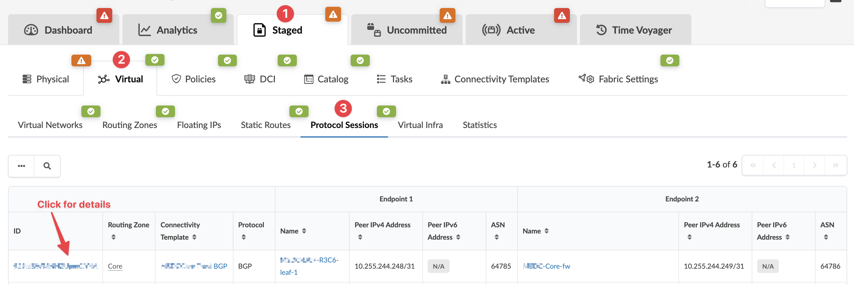 Network management interface showing staged configurations in the Virtual section under Protocol Sessions. A table lists details like ID, routing zone, protocol, peer IP addresses, and ASN. Green checkmarks indicate active sessions, and red icons highlight issues. A red arrow points to an ID field with a note to click for more details.