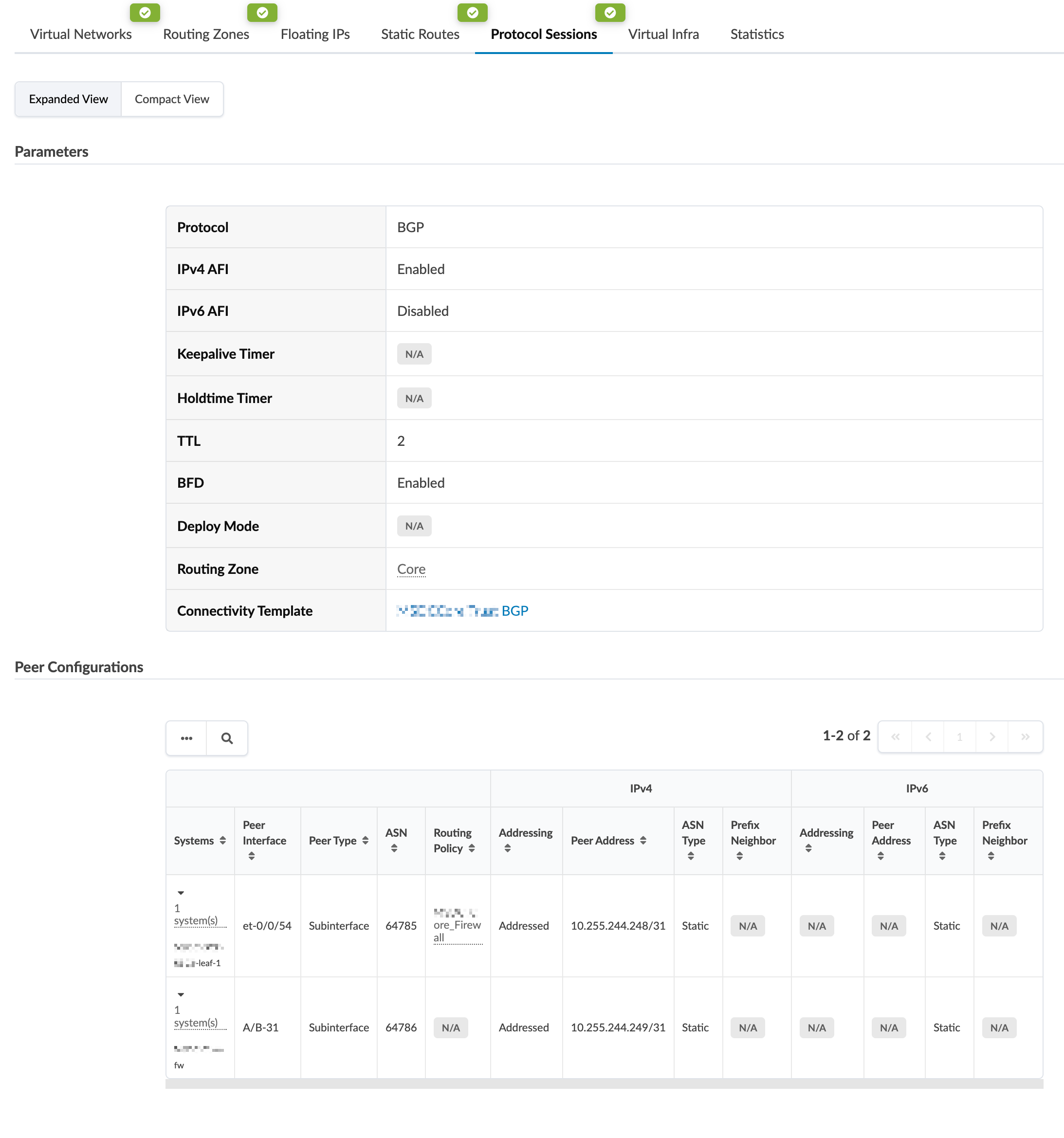 Network configuration interface for managing BGP sessions, showing parameters like protocol BGP, IPv4 enabled, IPv6 disabled, TTL 2, BFD enabled, and routing zone Core, and a table of peer configurations including peer interface, type, ASN, routing policy, addressing, and peer addresses.