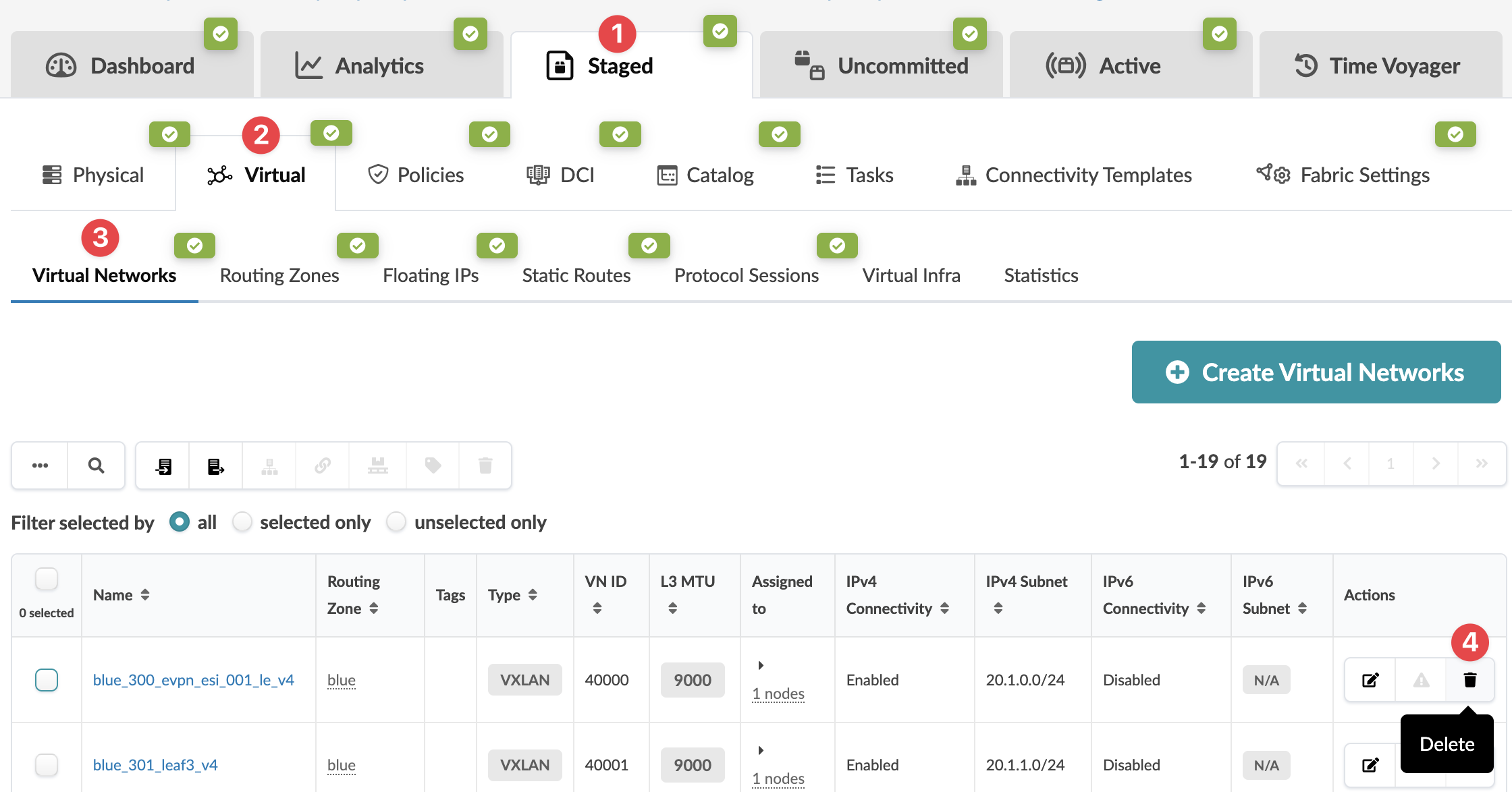 Network management interface with tabs for Dashboard, Analytics, Staged, Uncommitted, Active, and Time Voyager. Below tabs are options for Physical, Virtual, Policies, DCI, Catalog, Tasks, Connectivity Templates, and Fabric Settings. Virtual Networks tab shows network details like Name, Routing Zone, Type, VN ID, L3 MTU, Assigned to, IPv4 Connectivity and Subnet, IPv6 Connectivity and Subnet. Actions column includes editing and deleting. Delete button is highlighted. Create Virtual Networks button is prominently displayed.