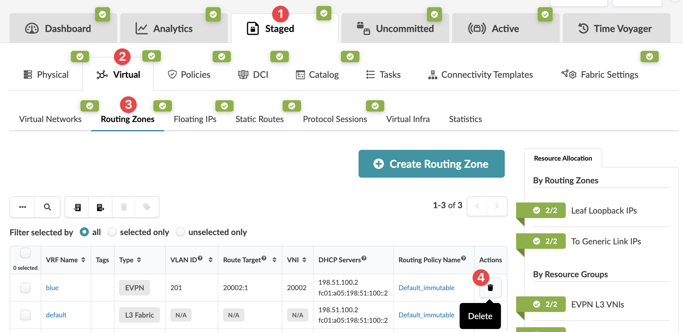Network management interface with tabs like Dashboard and Analytics. Virtual section selected with Routing Zones table showing VRF Name and Type. Create Routing Zone button available.