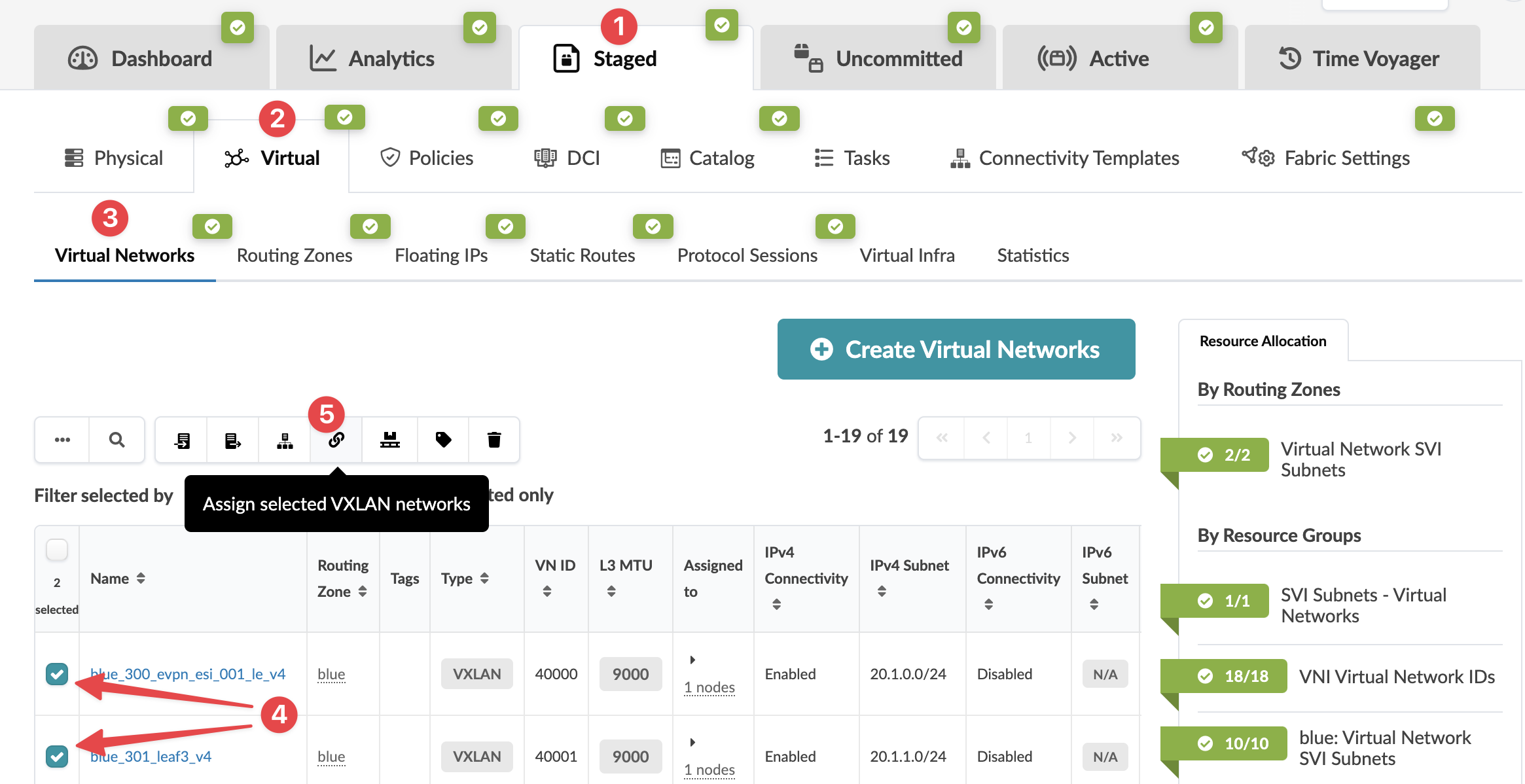 Network management interface showing virtual networks tab with details like Name, Routing Zone, Tags, and action buttons for tasks including creating and assigning networks.