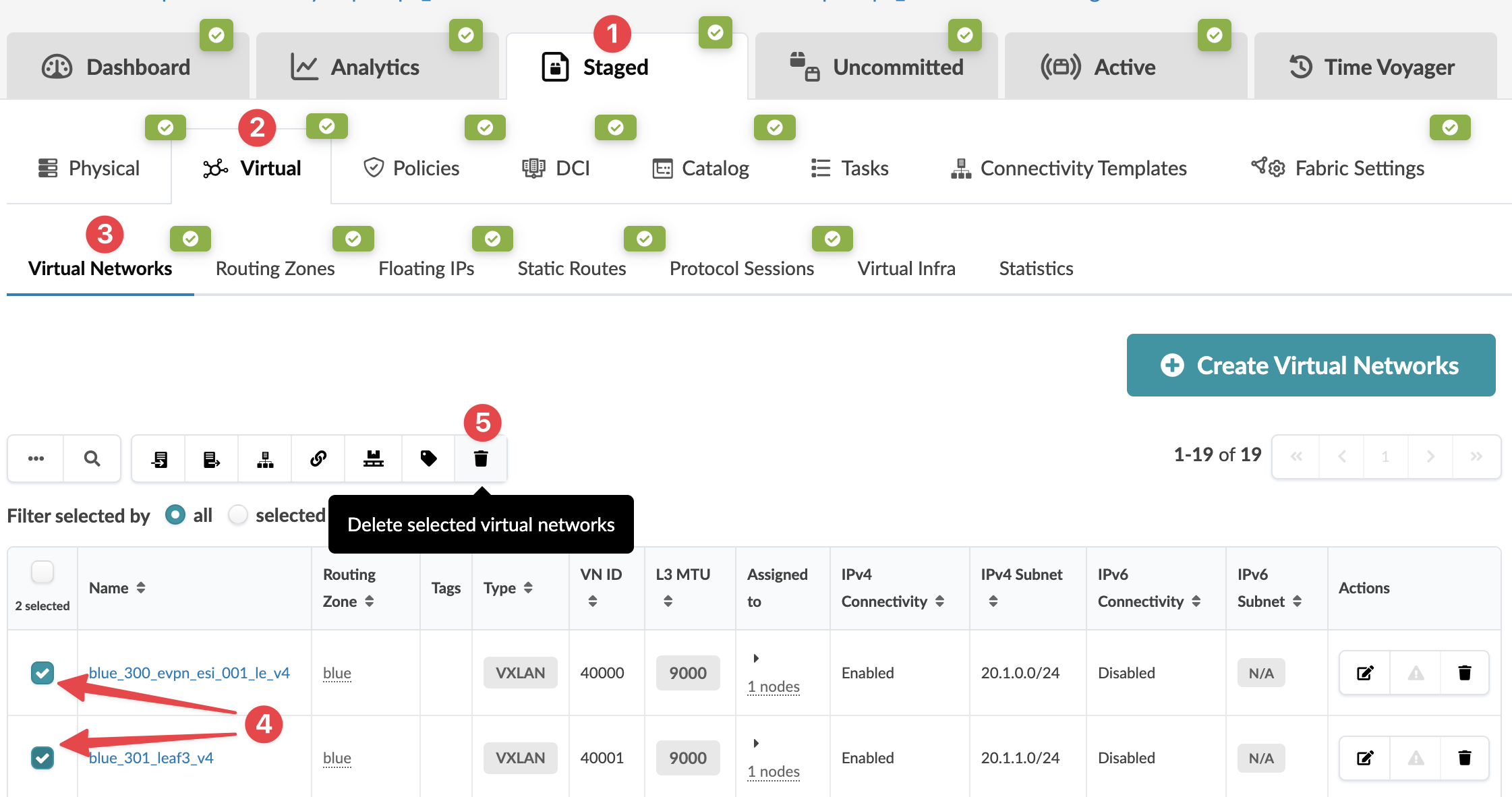 Screenshot of a network management interface with a focus on managing Virtual Networks. The interface shows tabs like Dashboard and Analytics, and a table listing networks with details like Name and Routing Zone. Two networks are selected, with options to edit or delete them. A button labeled Create Virtual Networks is available.