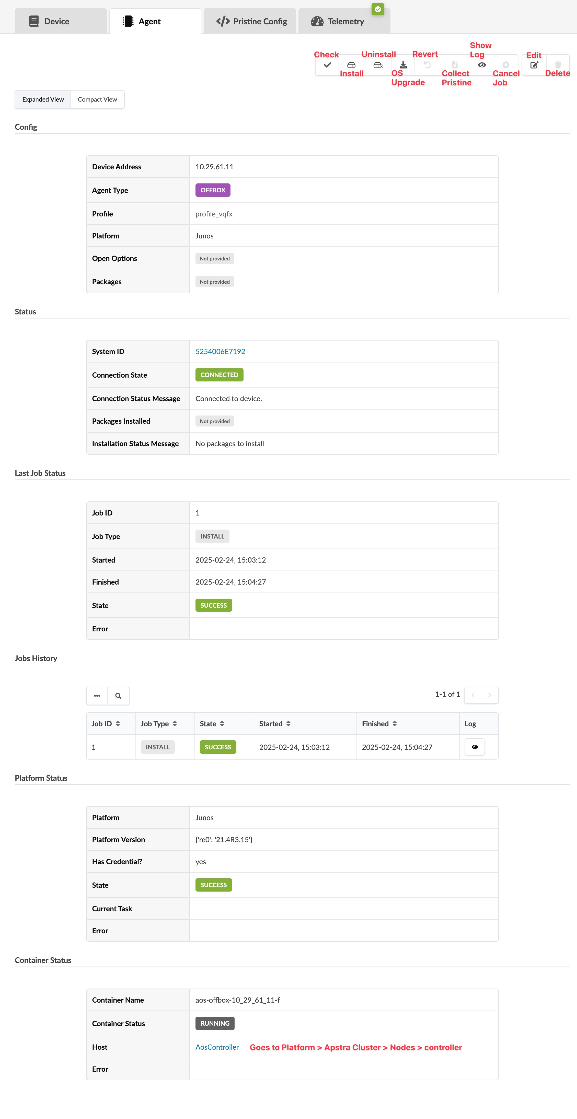 Network management interface showing device IP 10.29.61.11, agent type OFFBOX, connected state, last job INSTALL success, and Junos platform running version re0: 21.4R3.15.