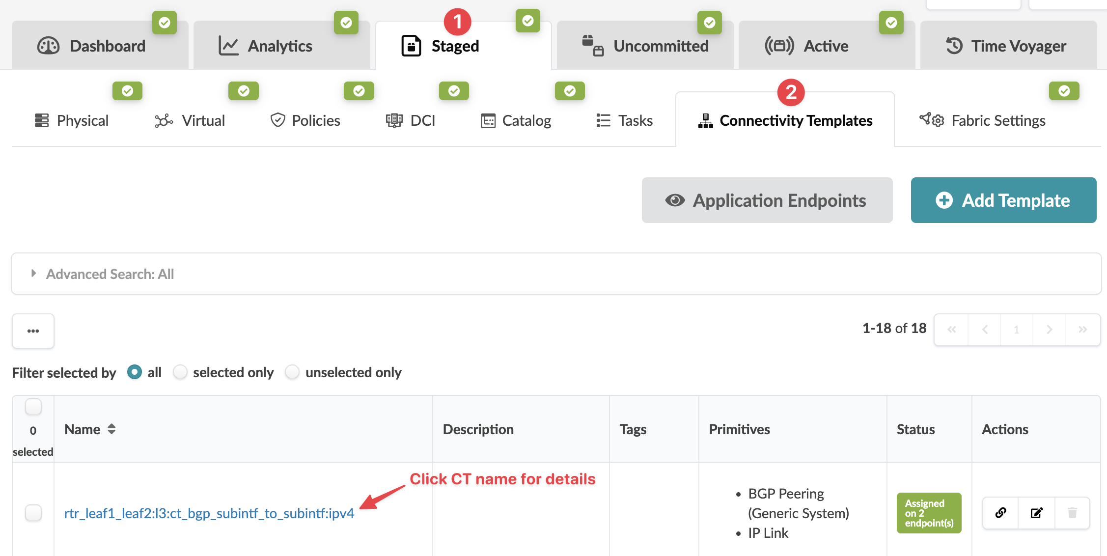 Network management interface with tabs for Dashboard, Analytics, Staged, Uncommitted, Active, and Time Voyager. Staged tab has a red notification badge. Connectivity Templates section is selected, showing a list of templates with columns for Name, Description, Tags, Primitives, Status, and Actions. Highlighted template is rtr_leaf1_leaf2:l3:ct_bgp_subintf_to_subintf:ipv4 with instruction to click CT name for details. Options include filtering templates, Application Endpoints, and Add Template buttons. Template status is Assigned on 2 endpoints, with icons for linking, editing, and deleting.