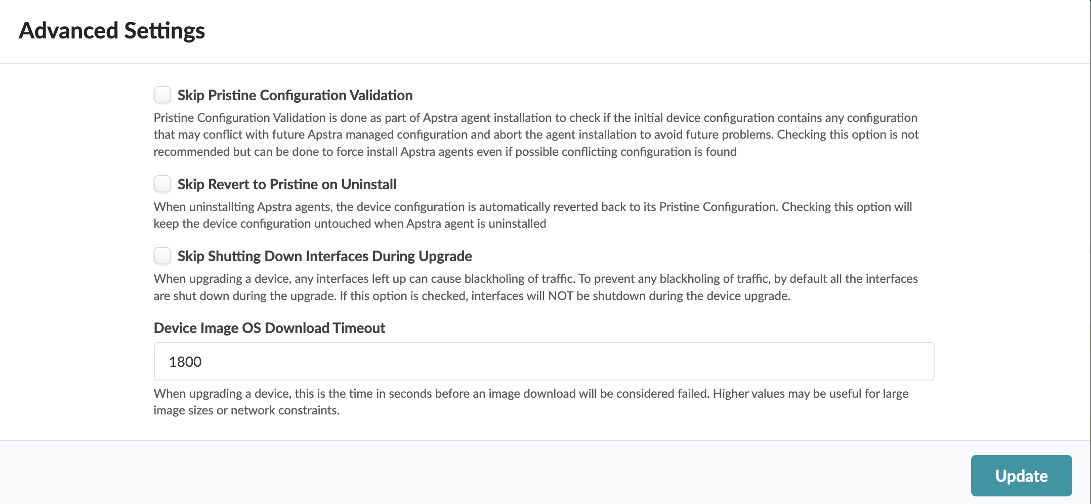 Advanced Settings section with options for device management during upgrades: Skip Pristine Configuration Validation, Skip Revert to Pristine on Uninstall, Skip Shutting Down Interfaces During Upgrade, Device Image OS Download Timeout default 1800 seconds. Update button at the bottom.