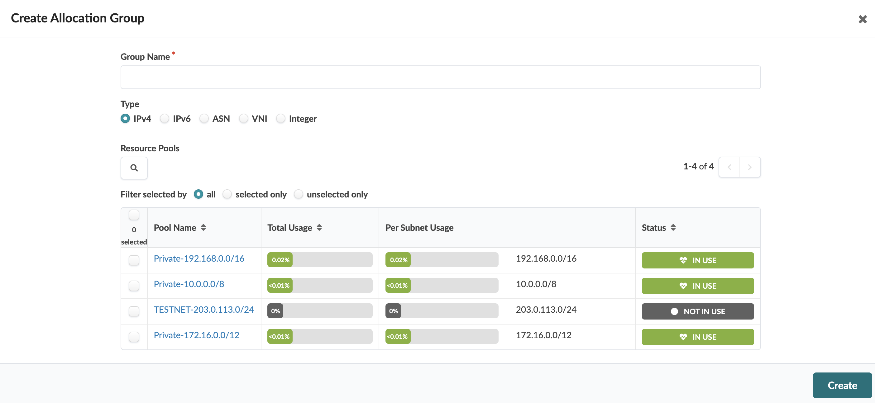 User interface for creating an allocation group with fields for group name, resource type selection, resource pool list showing pool name, usage percentages, status, filter options, pagination controls, and create button.