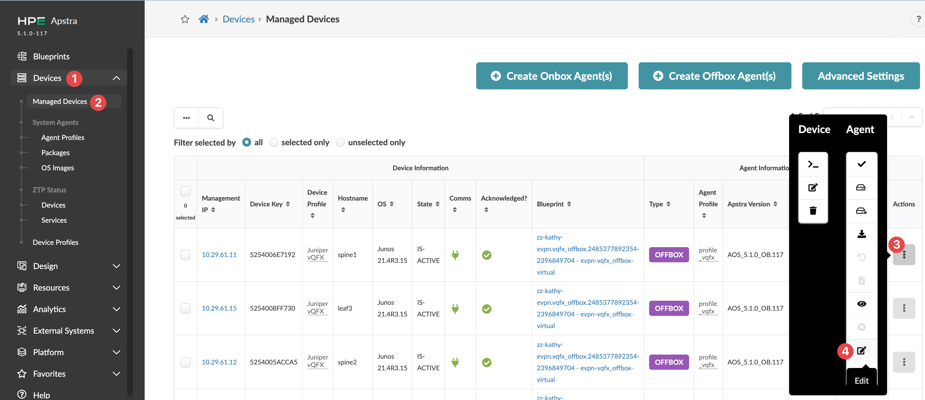 Screenshot of Juniper Apstra interface showing Managed Devices section with devices listed in a table. Key columns include Management IP, Device Key, Device Profile, Hostname, OS, State, Comms, Acknowledged, Blueprint, Type, Agent Profile, and Apstra Version. Actions menu on each row, Edit option highlighted. Top buttons for creating new agents and accessing Advanced Settings.