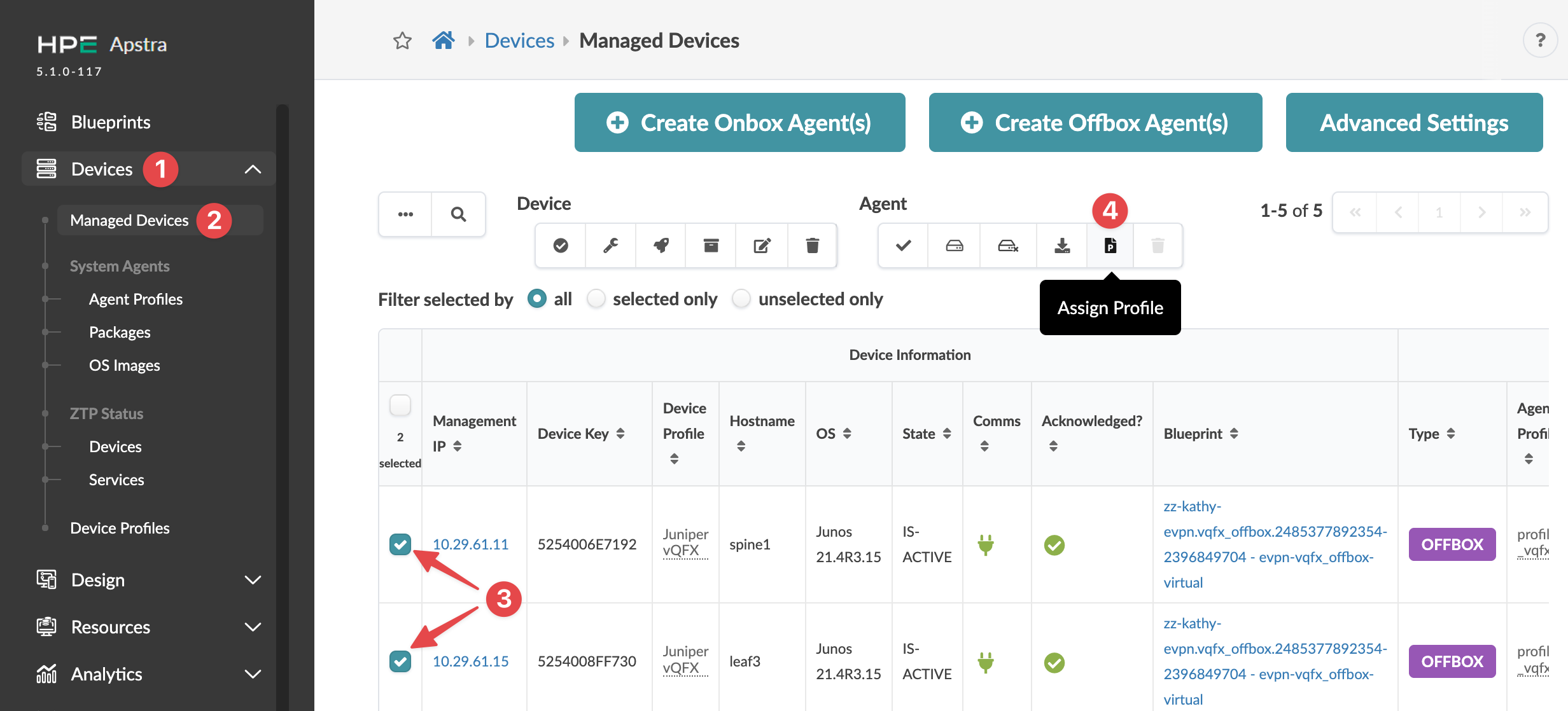 HPE Apstra interface showing the Managed Devices section with a table listing devices by Management IP, Device Key, and other attributes. Two devices are selected, and Assign Profile button is highlighted.