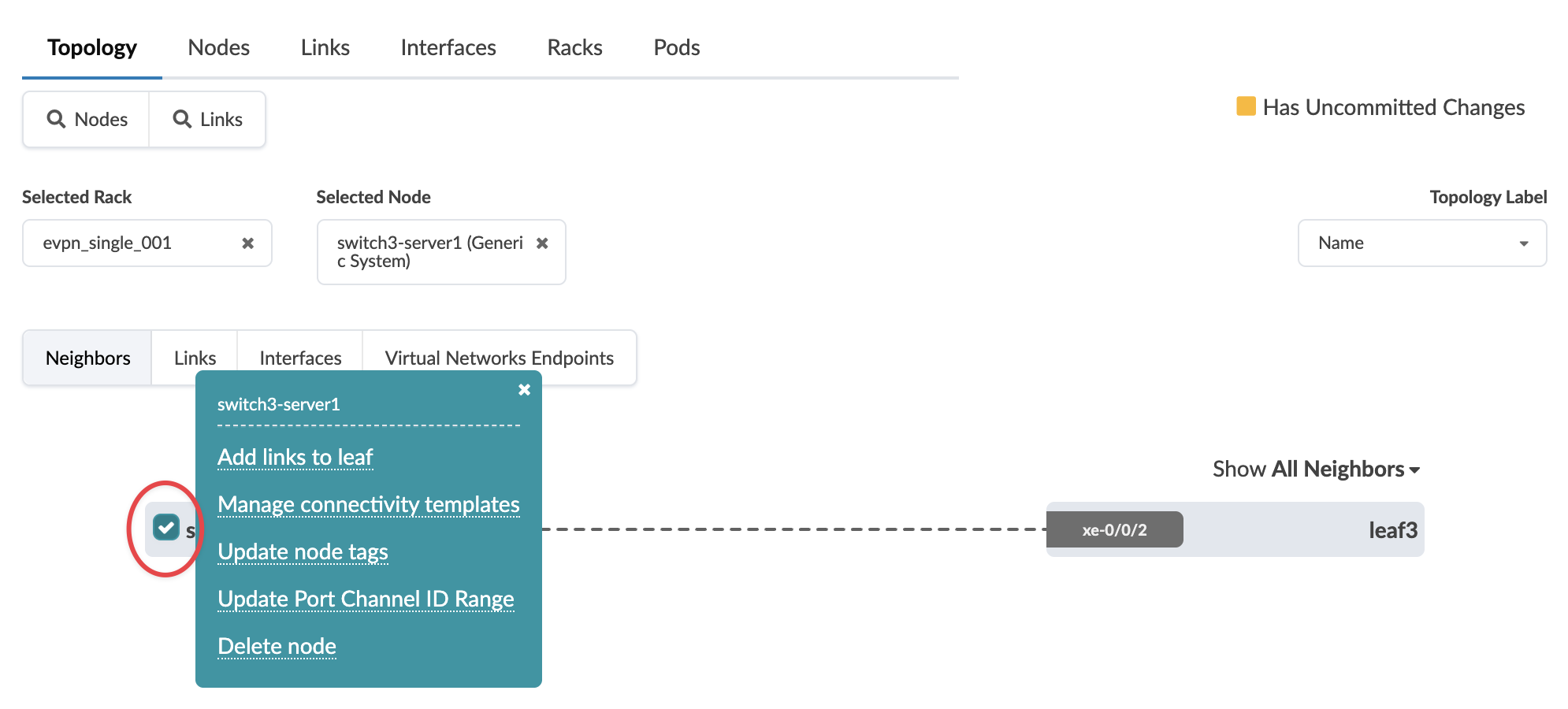 Network topology management interface showing nodes and links. Selected node is switch3-server1, options include add links and delete node. Uncommitted changes indicator is visible.