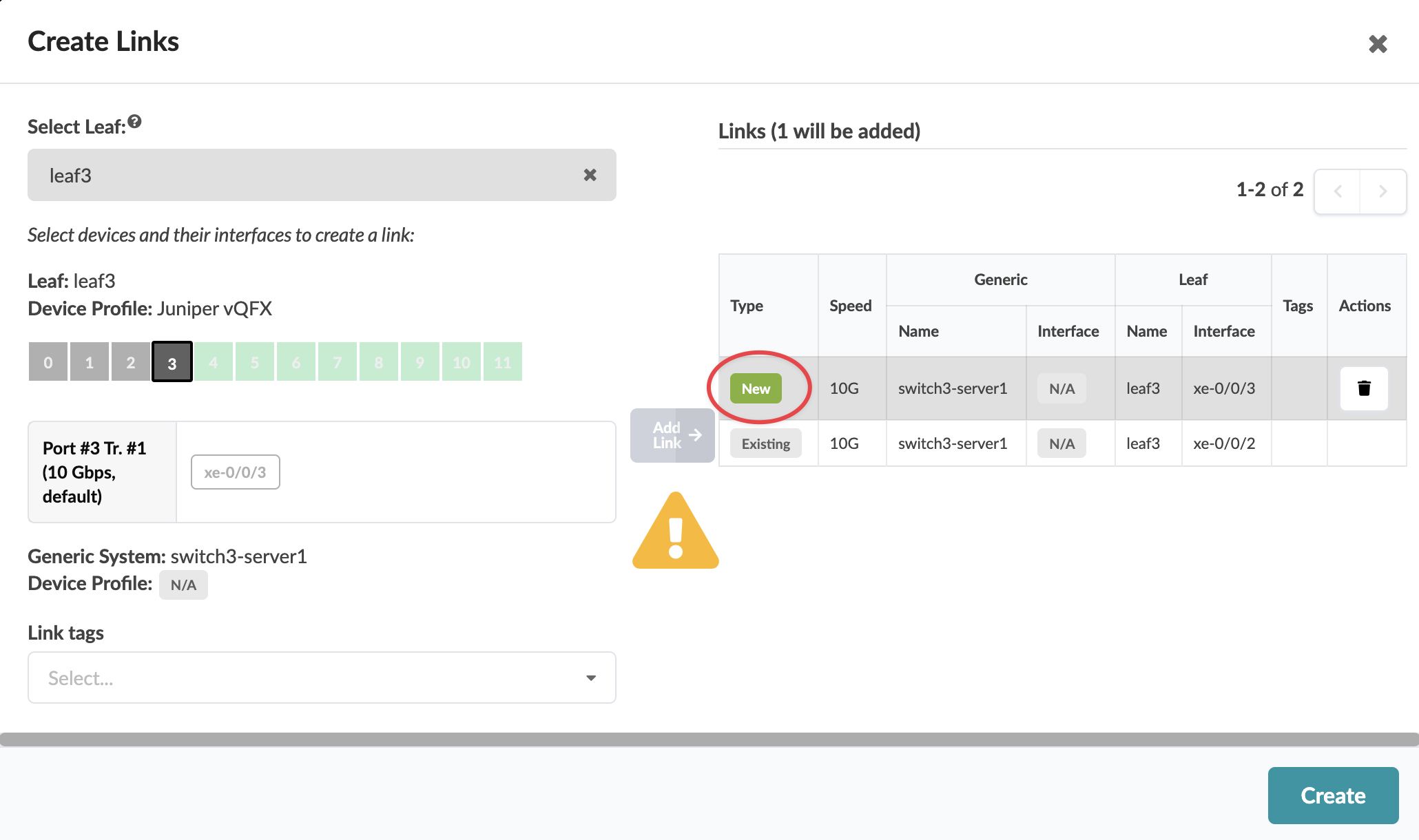 User interface for creating network links in a tool. Highlighted new link between switch3-server1 and leaf3 on interface xe-0/0/3.