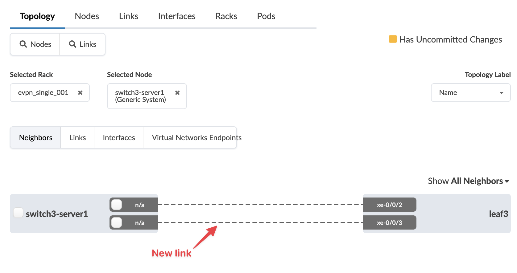 Network topology interface showing selected rack evpn_single_001 and node switch3-server1 Generic System. Neighbors tab highlights connections; switch3-server1 links to leaf3 via interfaces xe-0/0/2 and xe-0/0/3. Red arrow marks new link with uncommitted changes.