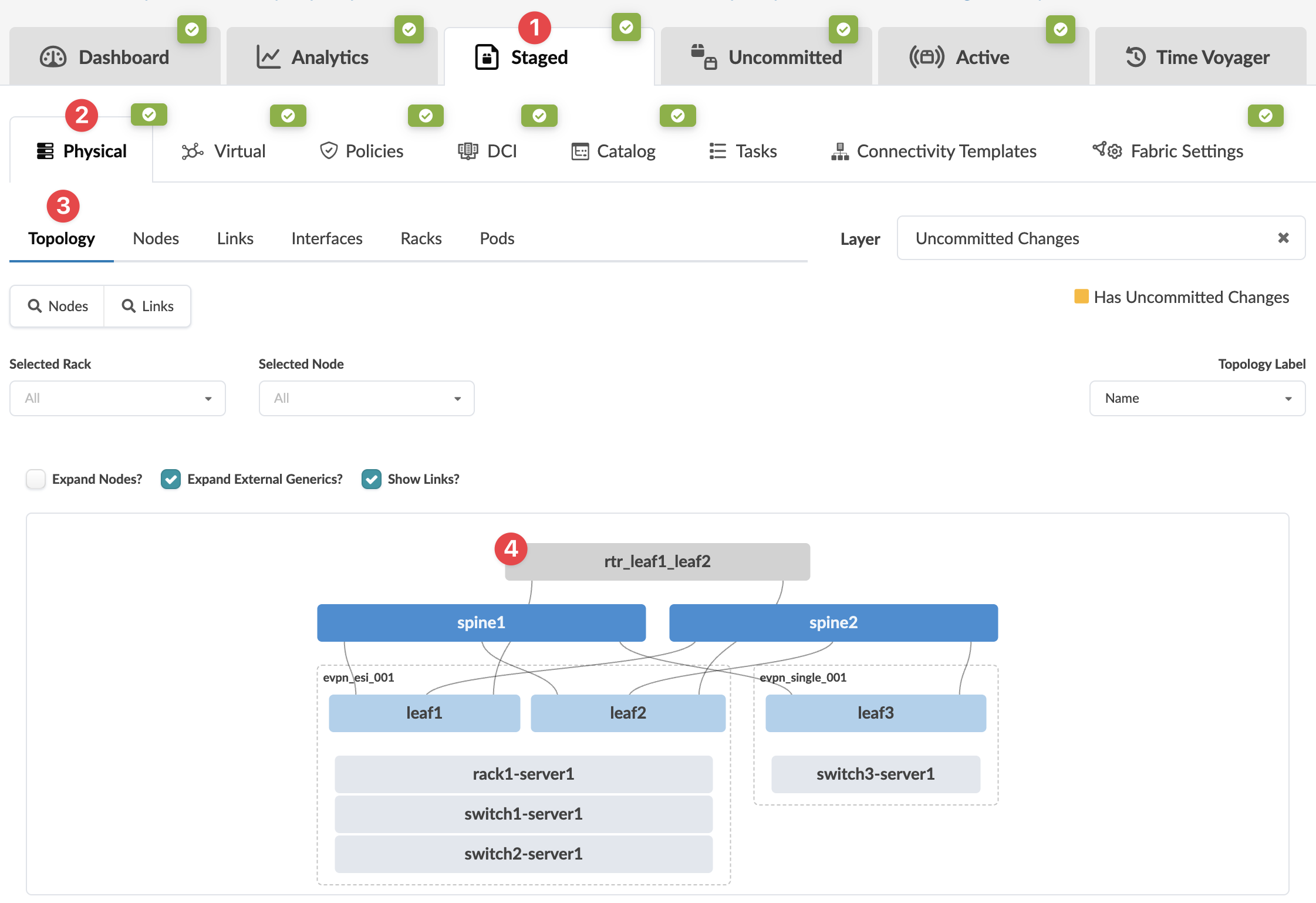 Network management interface showing tabs, navigation menu, topology view, spine and leaf nodes, devices, links, and filtering options for visualizing and managing network infrastructure.