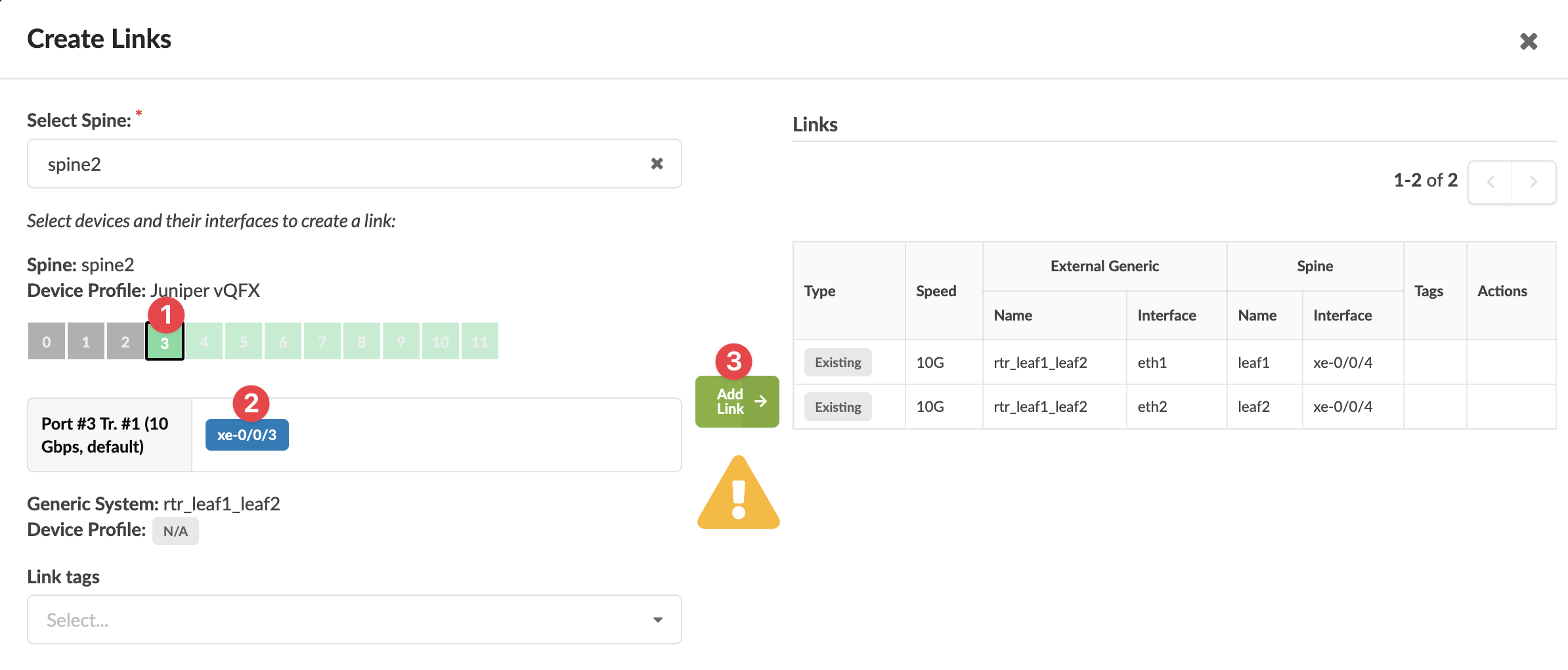 User interface for creating network links with options to select spine device spine2, port xe-0/0/3, add link, and assign tags. Table shows existing links with type, speed, external device details, spine device details, tags, and actions.