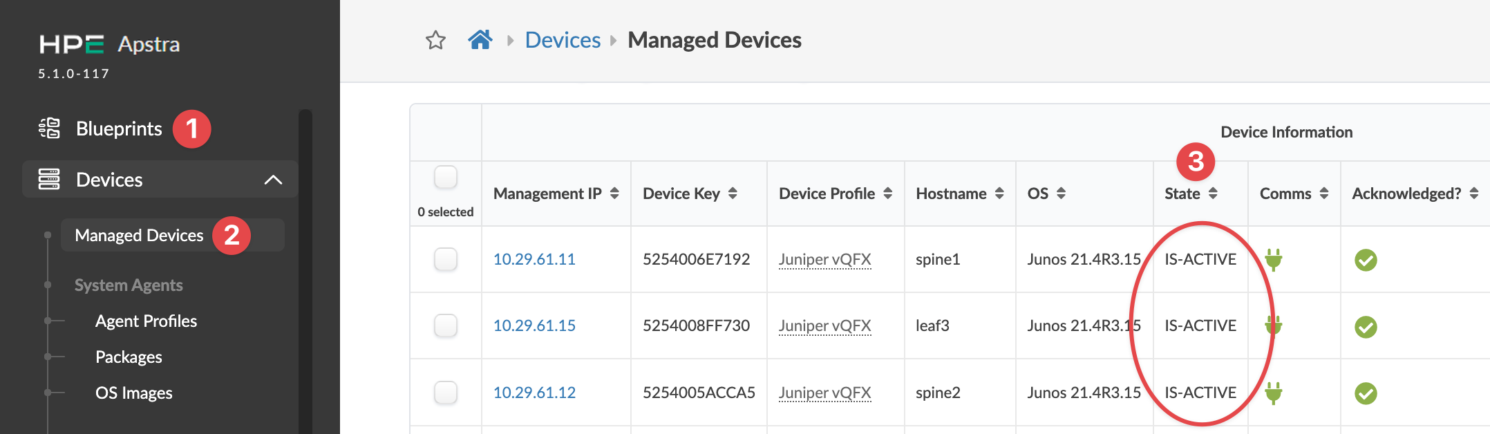 Juniper Apstra Managed Devices interface showing device info: Management IP, Device Key, Profile, Hostname, OS, State (all IS-ACTIVE), Comms, and Acknowledged status.