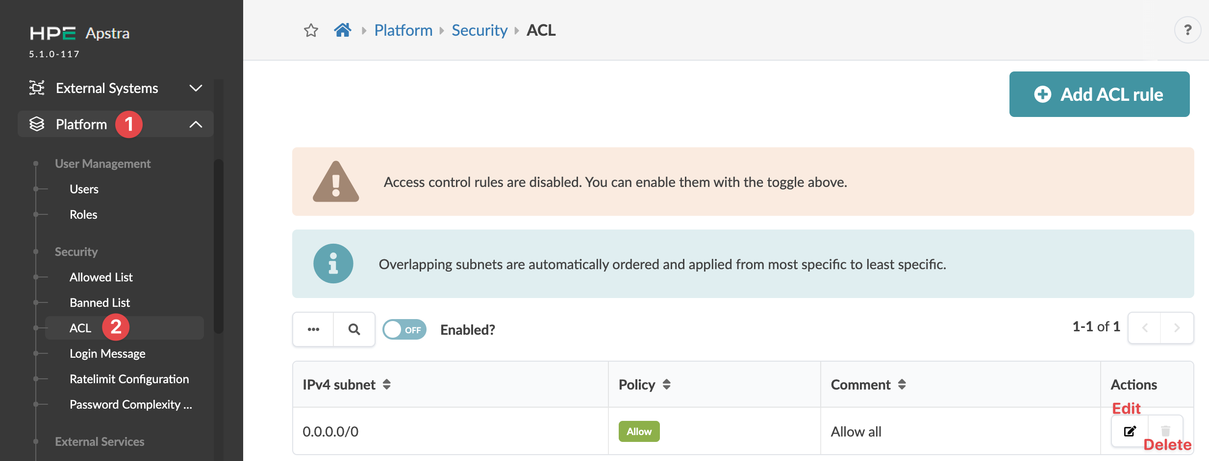 Juniper Apstra ACL section with disabled ACL rules. Shows warning on rule status, info on subnet ordering, one rule allowing all IPv4 traffic, and Add ACL rule button.