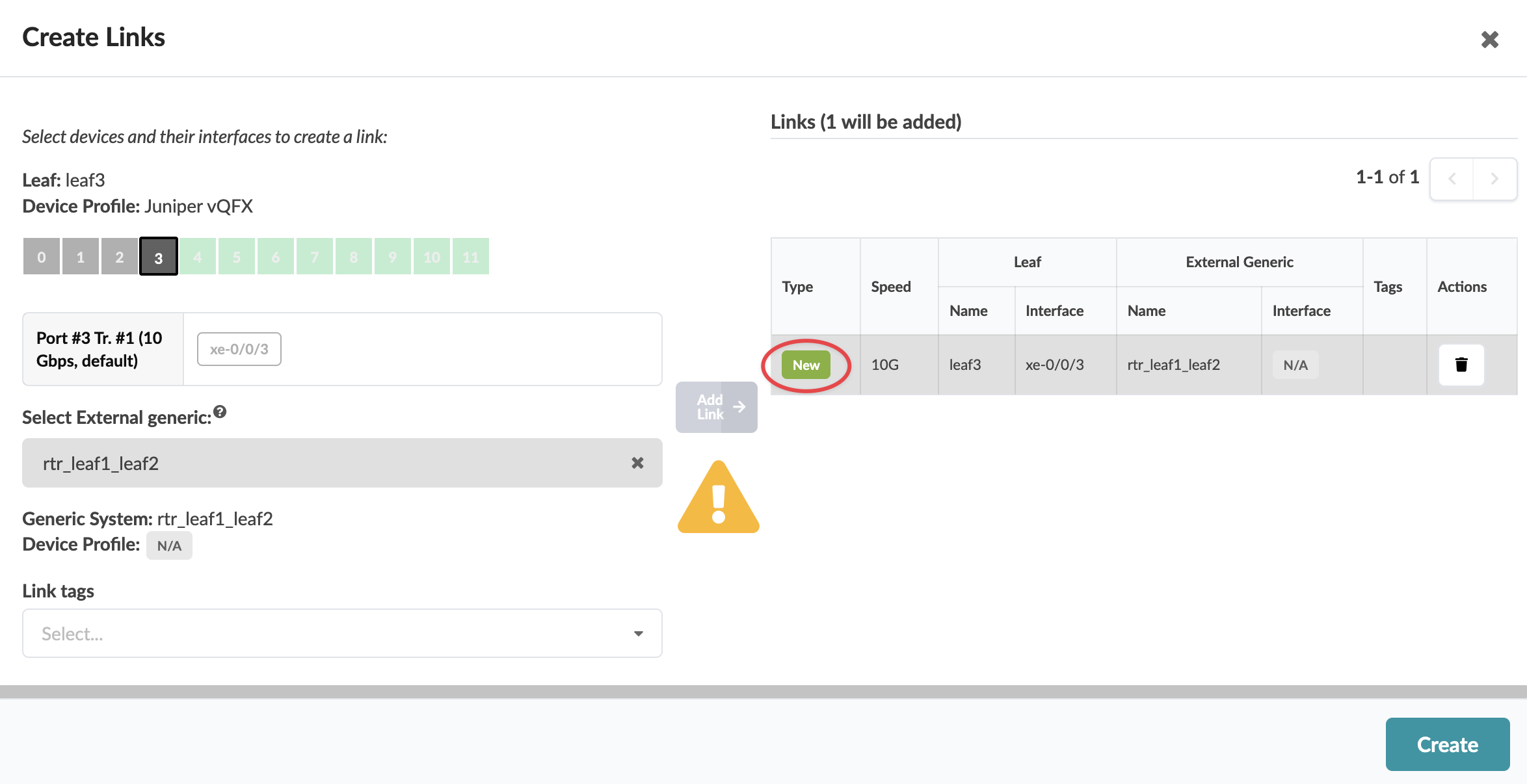 Create Links interface showing link setup: leaf device leaf3 with Juniper vQFX, port xe-0/0/3 at 10 Gbps, external system rtr_leaf1_leaf2, warning icon present.