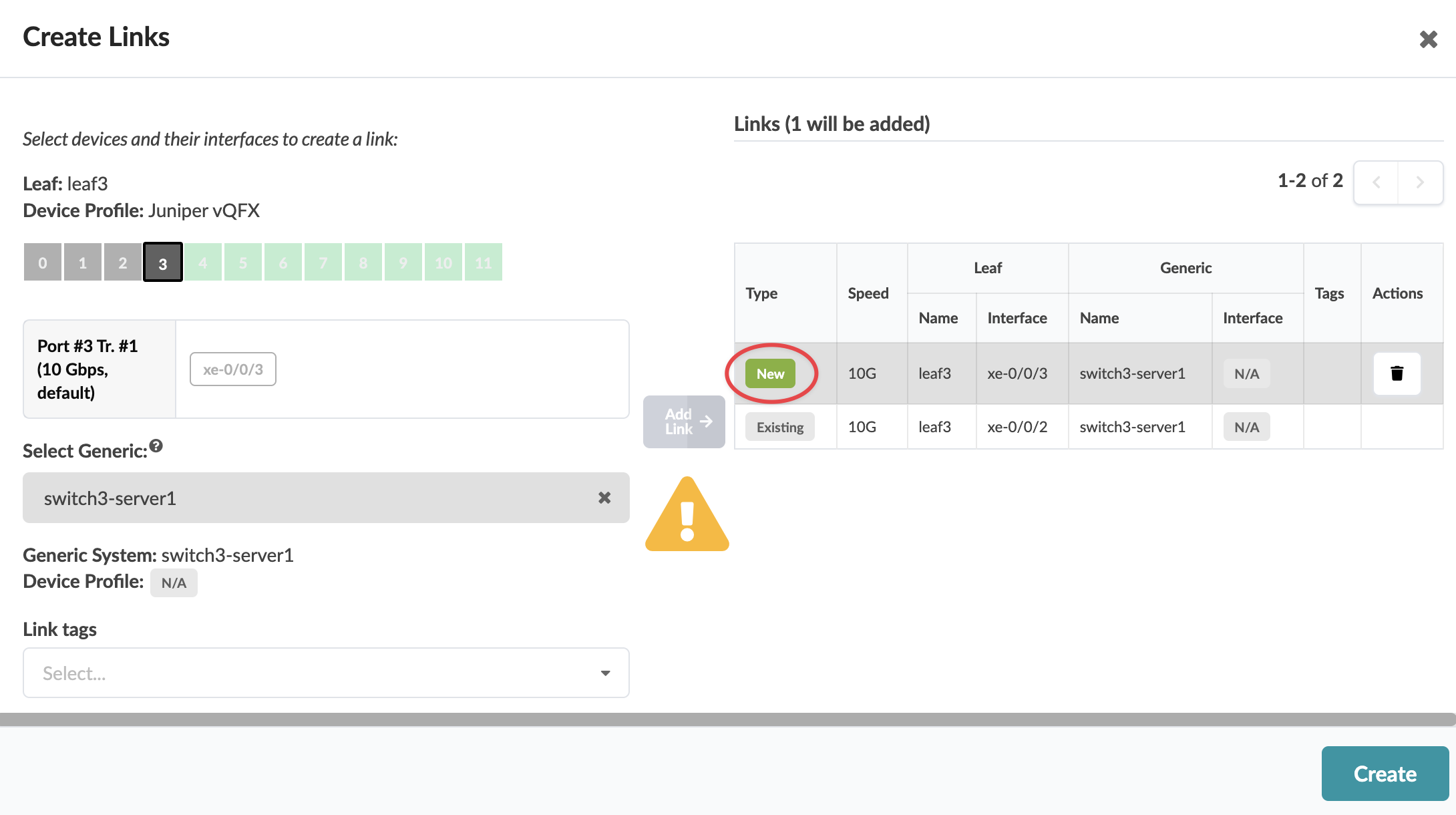 User interface for creating network links with title Create Links, device leaf3 with Juniper vQFX profile, selected port xe-0/0/3 at 10 Gbps, generic system switch3-server1, links table showing details, warning icon displayed, and actions Add Link, Create, and delete link available.