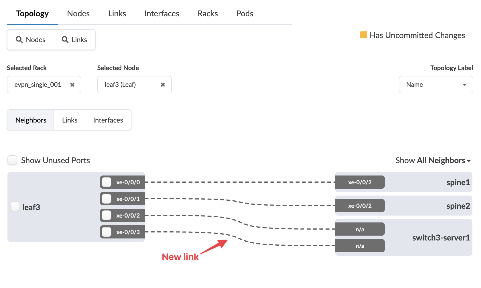 Network topology interface showing rack evpn_single_001 and node leaf3 with four ports xe-0/0/0 to xe-0/0/3. Connections include spine1 and spine2 via xe-0/0/2, switch3-server1 via n/a ports, and a new link marked by a red arrow. Neighbors view displayed with options for nodes, links, interfaces, racks, and pods. Features include a checkbox for unused ports, yellow indicator for uncommitted changes, and dropdown for topology labels set to Name.
