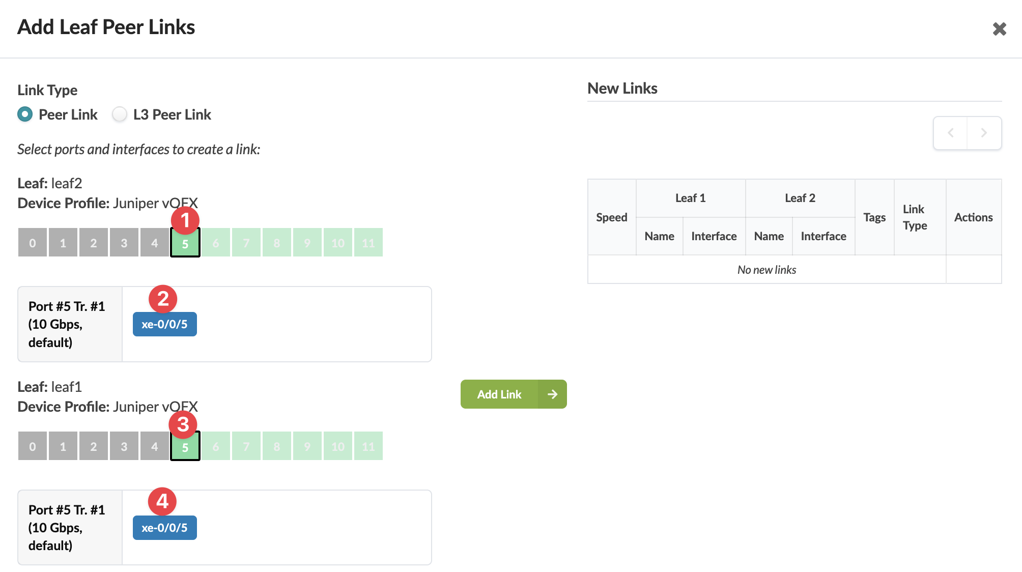 Screenshot of a network configuration interface for adding Leaf Peer Links in Juniper vQFX devices. Peer Link is selected with port 5 highlighted on devices leaf2 and leaf1. Add Link button is present.