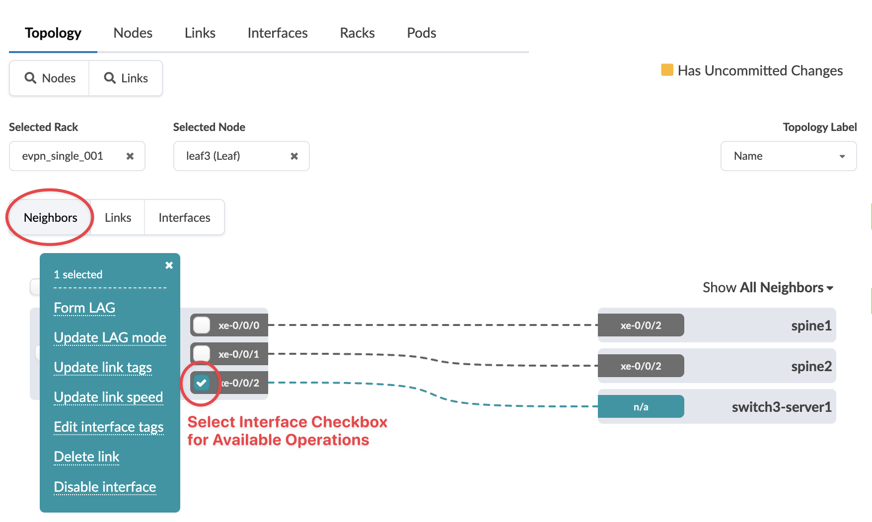 Network topology interface screenshot showing tabs for Topology, Nodes, Links, Interfaces, Racks, Pods. Selected Rack: evpn_single_001, Node: leaf3. Neighbors: spine1 via xe-0/0/2, spine2 via xe-0/0/2, switch3-server1 via n/a. Interface xe-0/0/2 checkbox selected, dropdown for operations: Form LAG, Update LAG mode, Update link tags, Update link speed, Edit interface tags, Delete link, Disable interface. Red text highlights checkbox function. Yellow indicator for uncommitted changes.