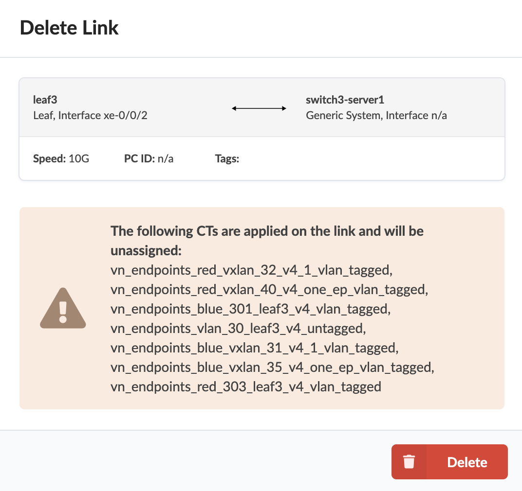 Delete Link confirmation dialog showing link between leaf3 switch xe-0/0/2 and switch3-server1. Speed 10G. Warning: Deleting will unassign configurations.
