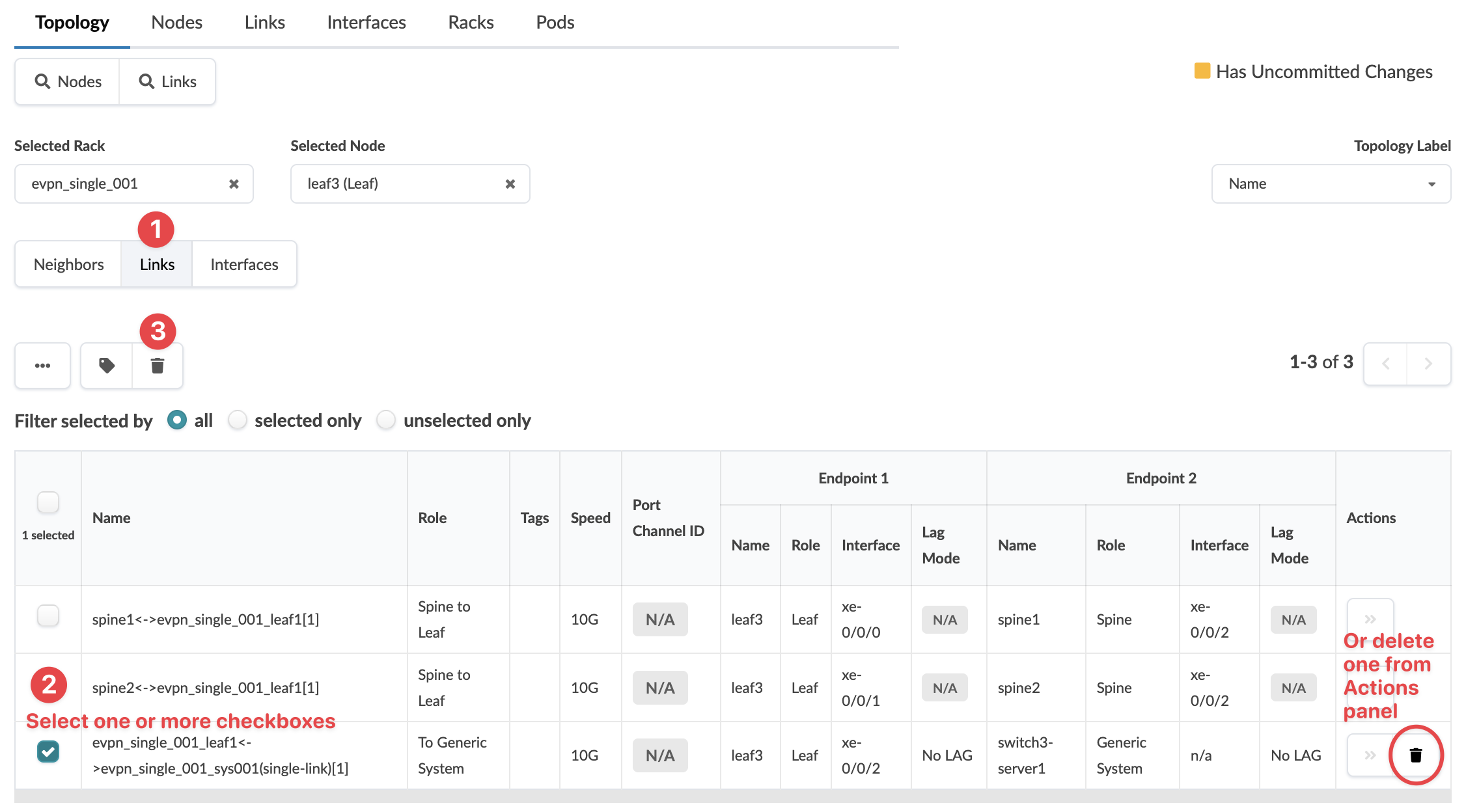 Network topology interface showing 'Topology' section with 'Links' tab active. Selected rack 'evpn_single_001' and node 'leaf3'. Table lists network links with details like name, role, speed, and endpoints. Checkbox selected for a specific link. Actions panel with option to delete link. Yellow indicator for uncommitted changes.