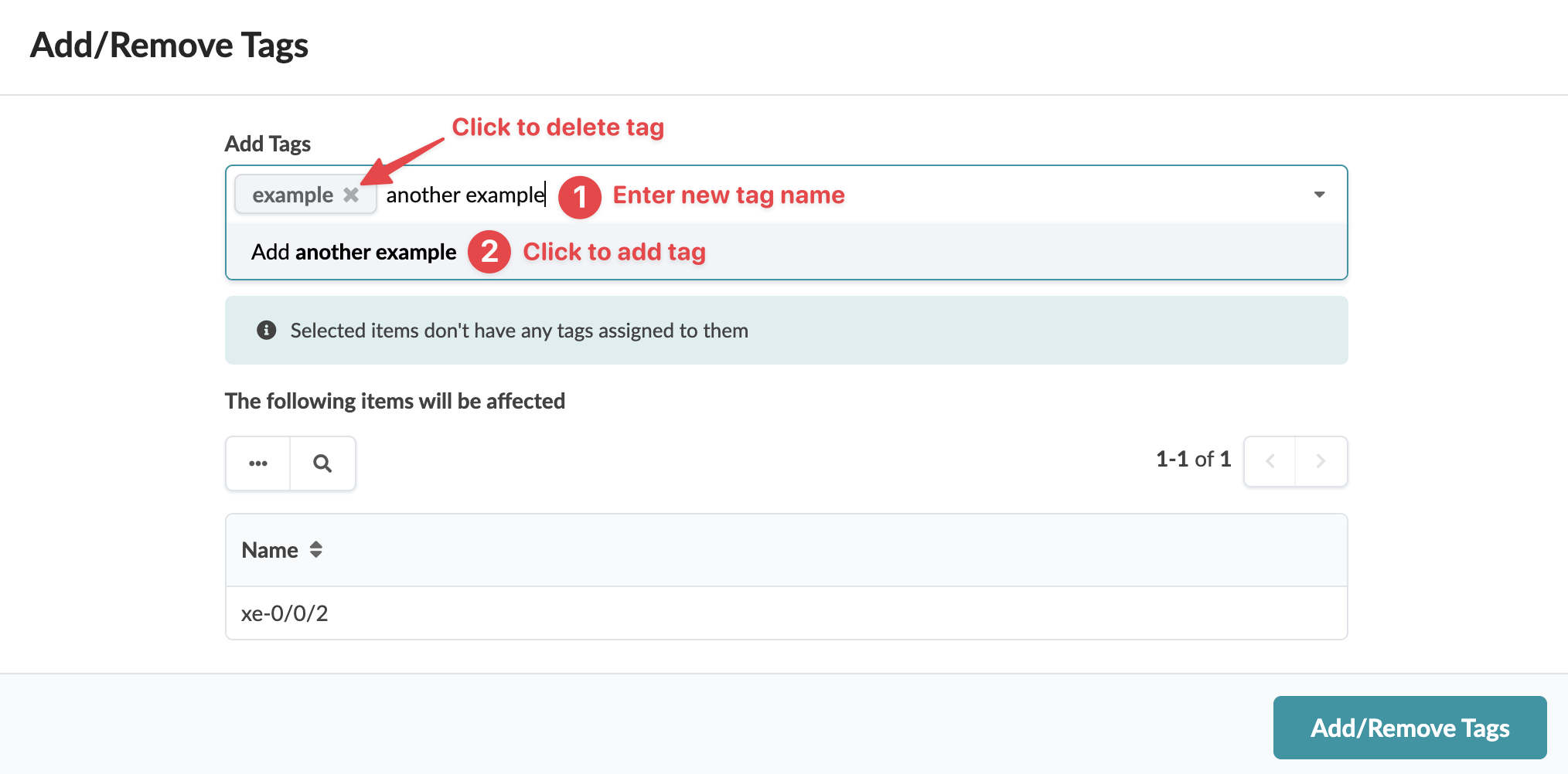 User interface for managing tags, including a field to enter new tag names, a button to add examples, boxes for existing tags with delete options, a message indicating no tags are assigned, a table listing affected items, and a button to confirm tag actions.