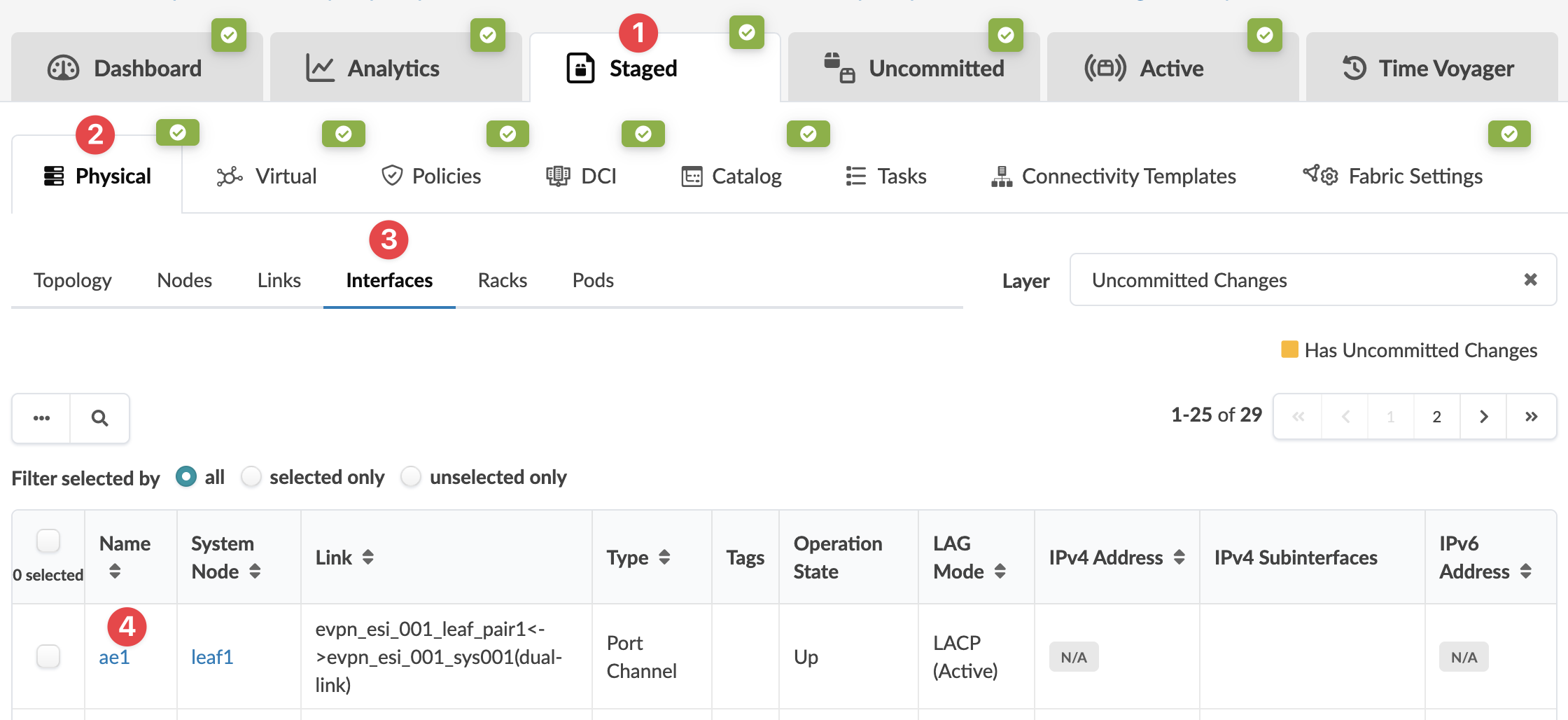 User interface of a network management tool showing tabs like Dashboard and Analytics, navigation menu with options like Physical and Virtual, and selected Interfaces tab displaying details for interface ae1 including System Node leaf1, Link evpn_esi_001_leaf_pair1, Type Port Channel, Operation State Up, LAG Mode LACP Active, and no assigned IP addresses. Filters and pagination are available, and a yellow icon indicates uncommitted changes.