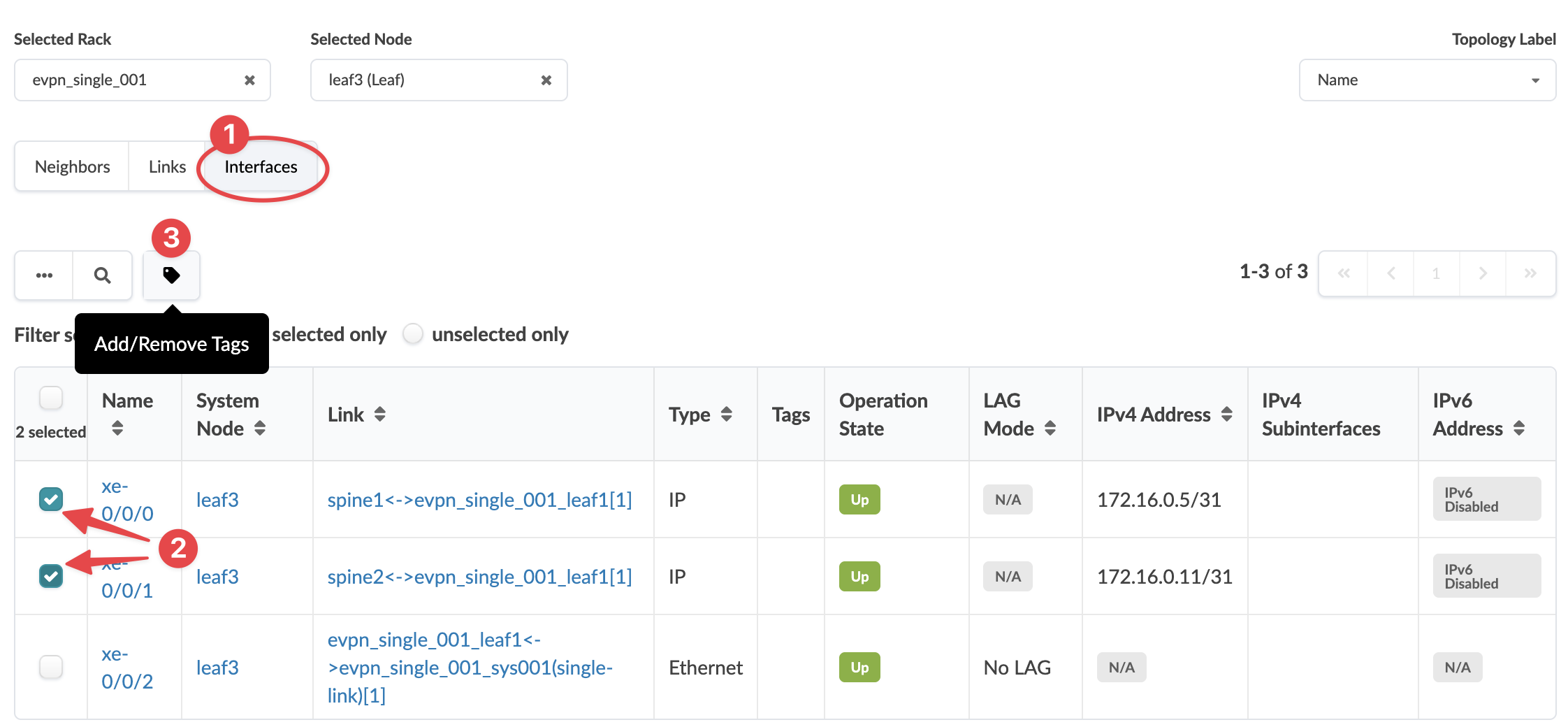 Network management interface showing details for node leaf3 in rack evpn_single_001 with interfaces xe-0/0/0 and xe-0/0/1 selected. Add/Remove Tags button highlighted. Interface details include name, node, link, type, operational state, LAG mode, IPv4 address, and IPv6 status.