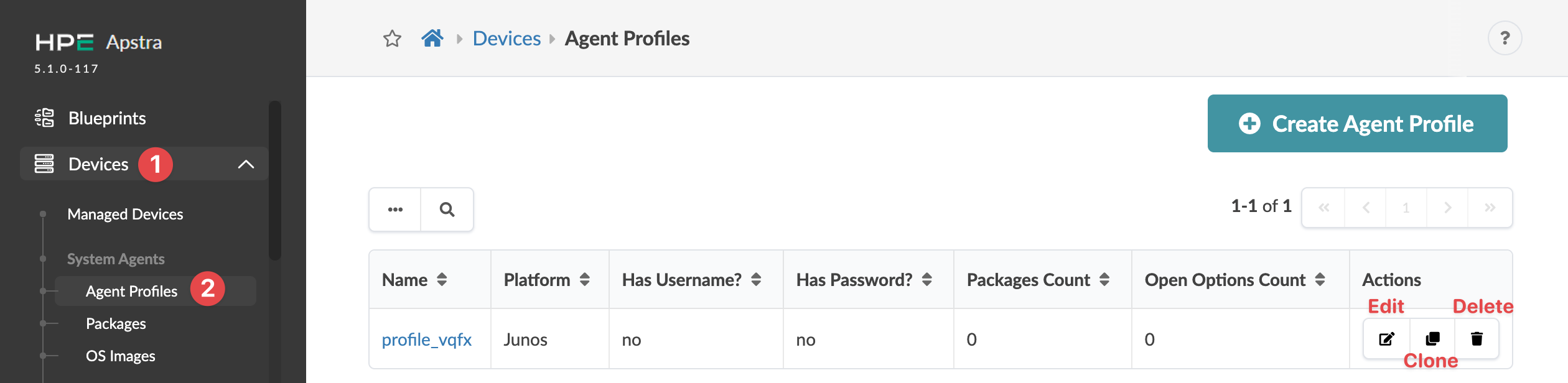 Juniper Apstra interface showing Agent Profiles under Devices. Create Agent Profile button and table with profile details like Name, Platform, and Actions.