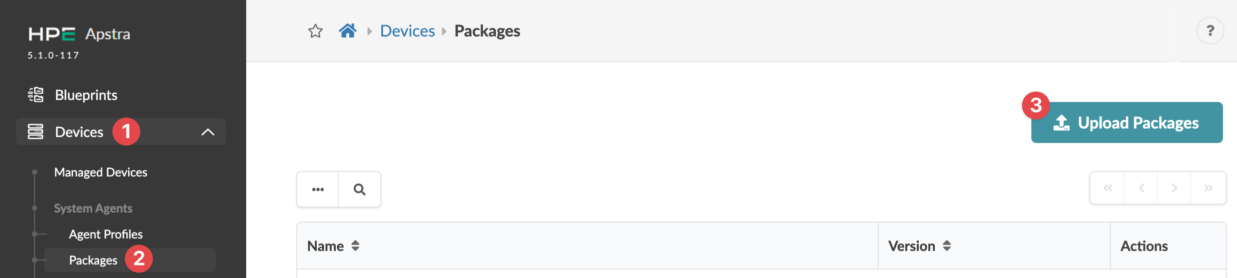Juniper Apstra interface showing an empty Devices Packages section with Upload Packages button in the top-right corner.