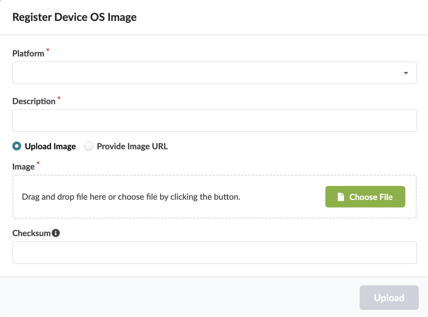 User interface for device OS image registration with fields for platform, description, image upload or URL, checksum, and an upload button.