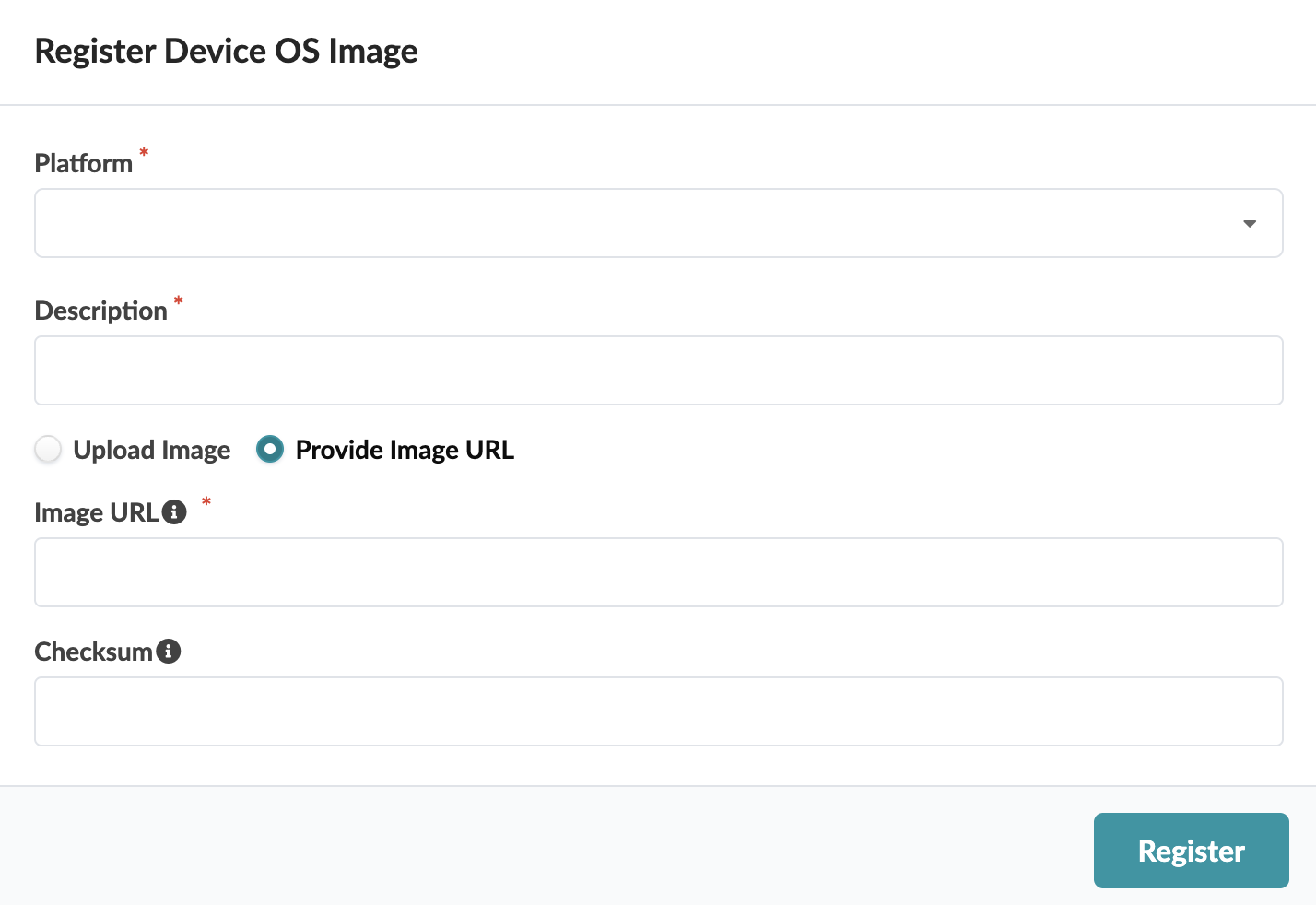 Web form titled Register Device OS Image with fields for Platform selection, OS image description, Image Upload Options with URL selected, Image URL, Checksum, and a Register button.