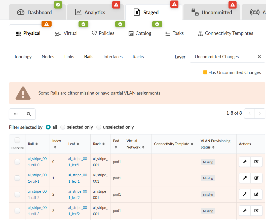 Network configuration interface showing tabs like Dashboard, Analytics, and Staged, warning banner about missing VLAN assignments, table listing Rails with VLAN Provisioning Status as Missing for all entries, and filter options for selection.