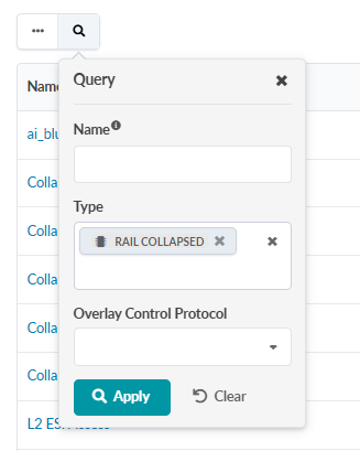 User interface for data filtering with fields for Name, Type set to RAIL COLLAPSED, and Overlay Control Protocol unselected. Apply and Clear buttons present.