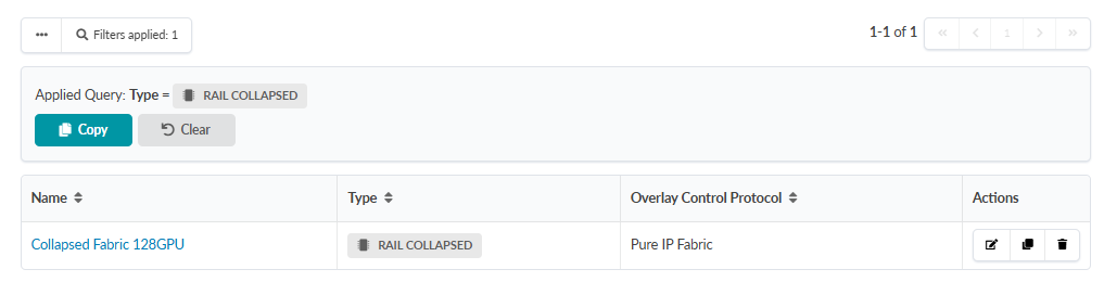 Filtered query result displaying Type equals RAIL COLLAPSED with one entry: Collapsed Fabric 128GPU. Columns include Name, Type, Overlay Control Protocol, and Actions for editing and deleting. Pagination shows 1-1 of 1 result.