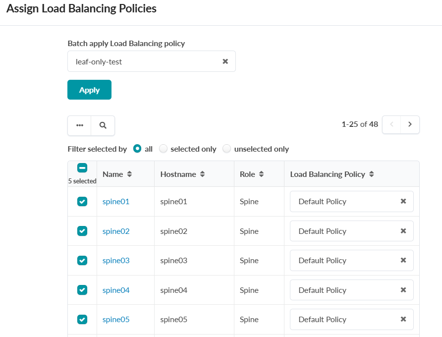 Assign Load Balancing Policies interface with batch apply dropdown set to leaf-only-test, filter options, table listing spine nodes with default policies, and pagination showing 1-25 of 48 entries. Five items selected.