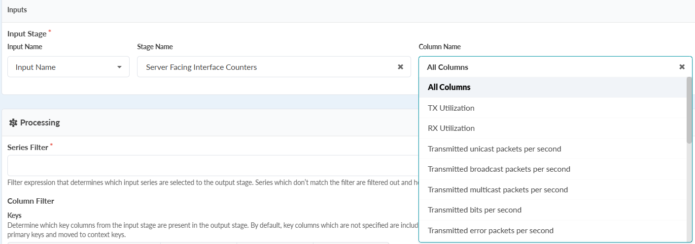User interface for configuring network data, featuring inputs for selecting input name and stage name, and filters for series and column metrics like TX Utilization, RX Utilization, and transmitted packets per second.