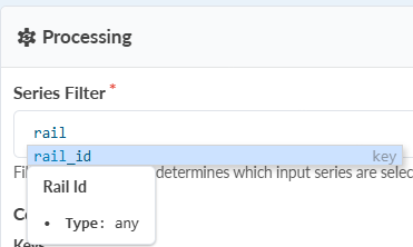 User interface showing a Series Filter field with autocomplete dropdown suggesting rail_id as a key of type any.