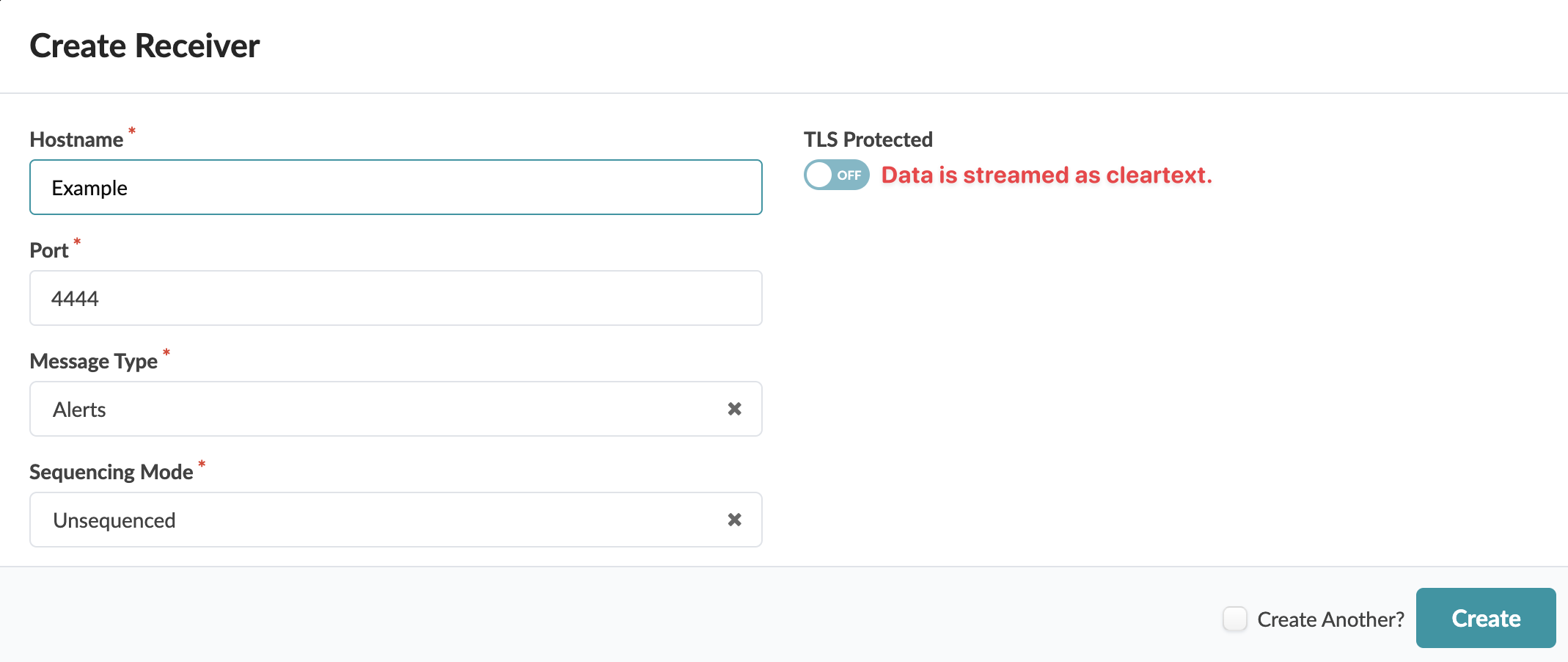 User interface form for creating a receiver with fields: Hostname set to Example, Port 4444, Message Type Alerts, Sequencing Mode Unsequenced. TLS Protected toggle off. Warning: Data is streamed as cleartext. Create Another checkbox and Create button present.