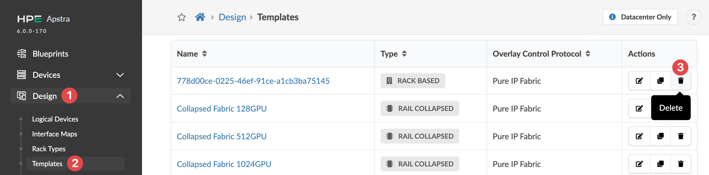 Juniper Apstra Templates section with navigation sidebar, template table, and highlighted delete action for data center network design.